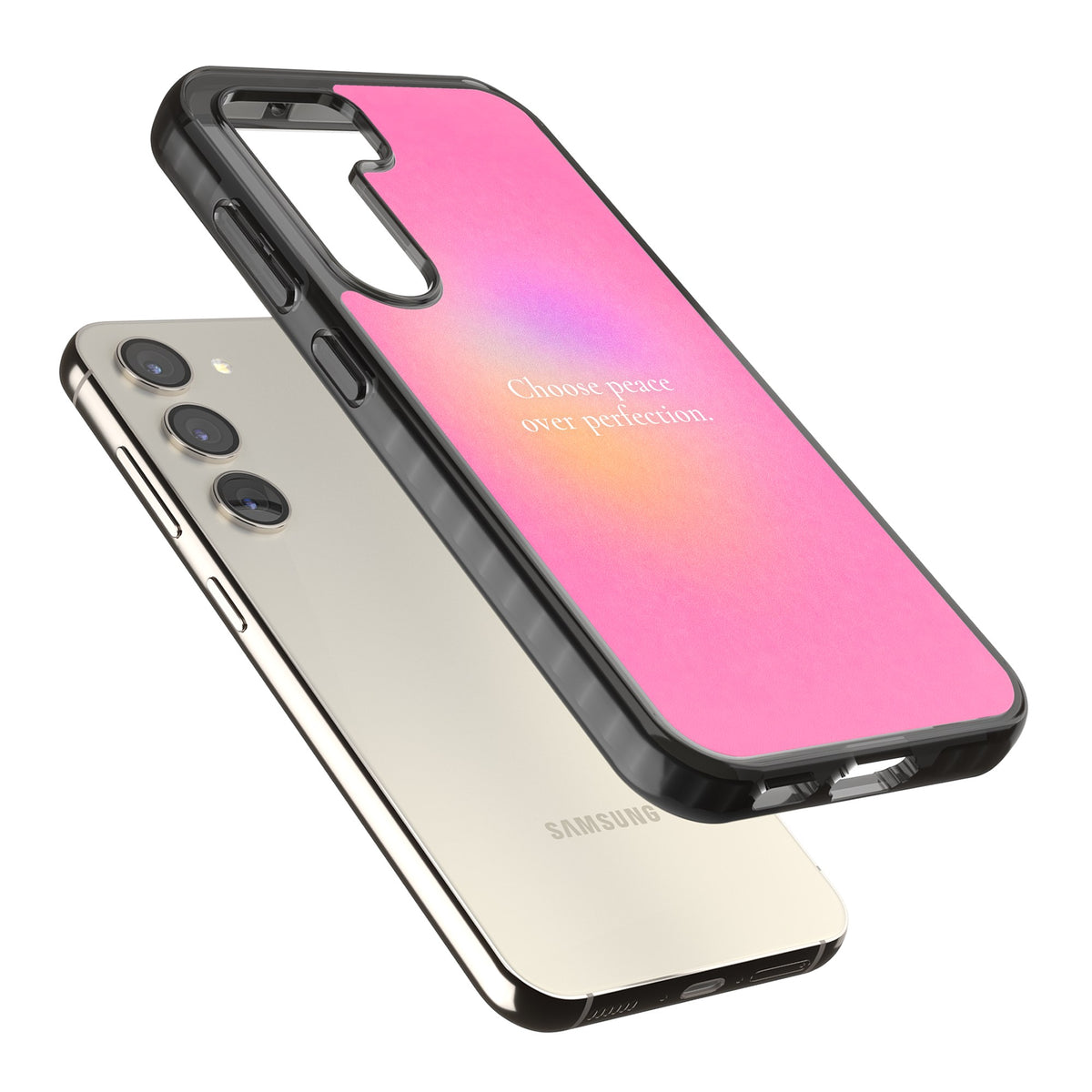 Peace Over Perfection Samsung S22 / Samsung S22 Plus / Samsung S23 / Samsung S23 Plus / Samsung S24 / Samsung S24 Plus Impact Black Phone Case angled