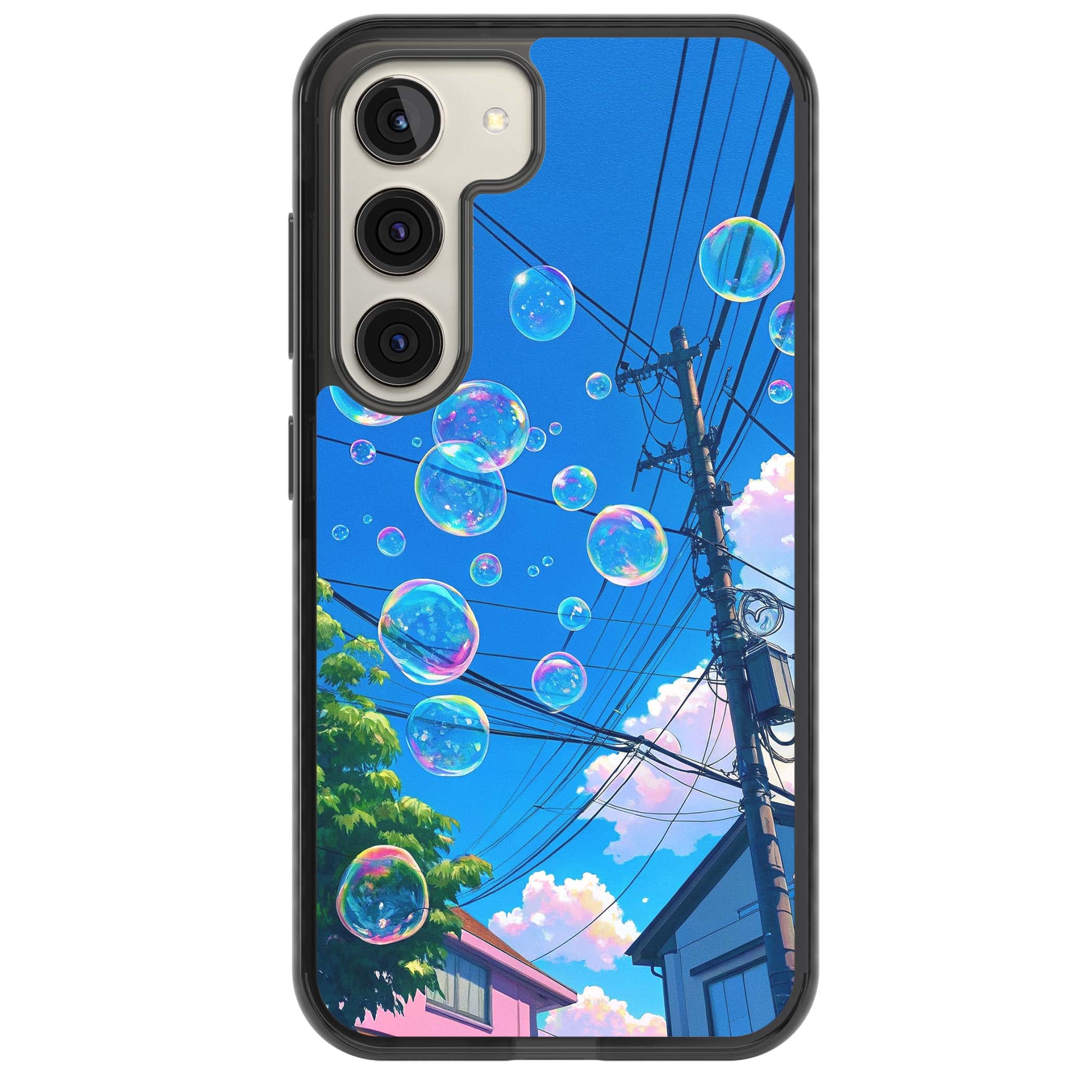 Suburban Bubbles anime iPhone case featuring iridescent soap bubbles, blue sky and Japanese telephone wires | Black Impact case for Samsung Galaxy S24, Samsung Galaxy S23, Samsung Galaxy S22