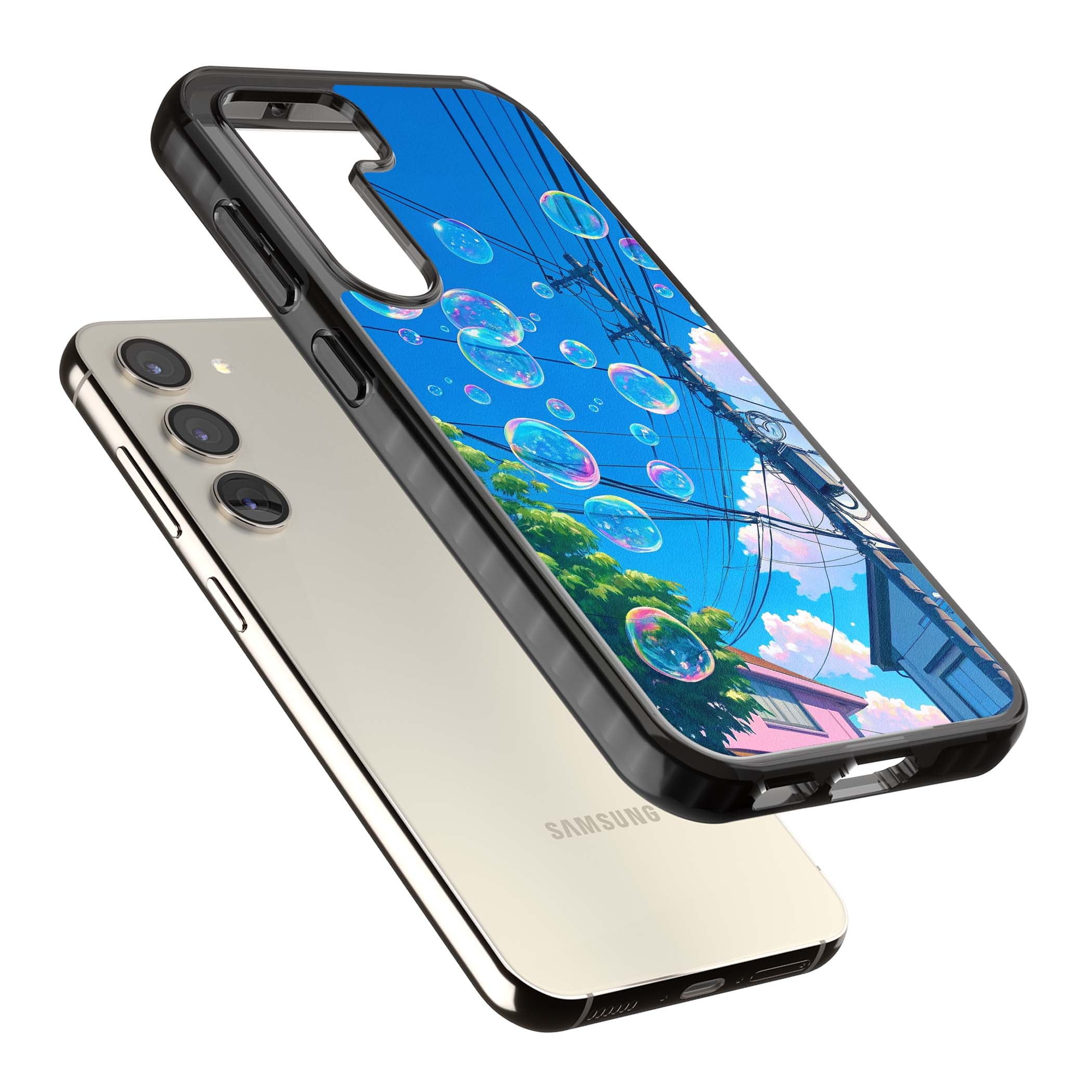 Suburban Bubbles anime iPhone case featuring iridescent soap bubbles, blue sky and Japanese telephone wires | Black Impact case for Samsung Galaxy S24, Samsung Galaxy S23, Samsung Galaxy S22