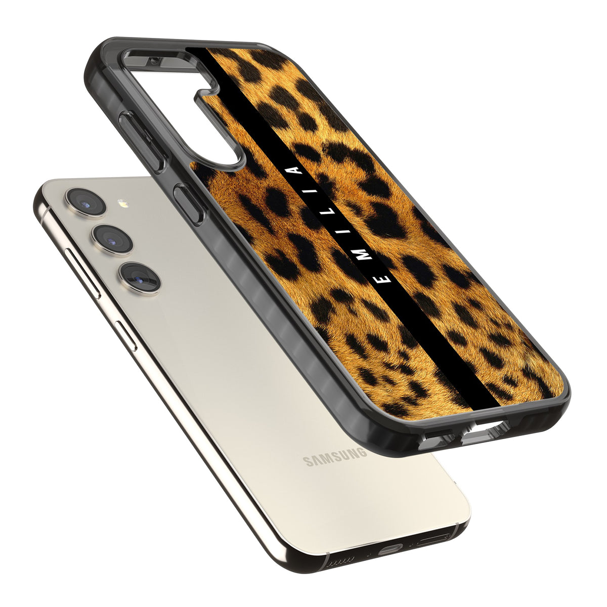 Leopard Print Samsung S22 / Samsung S22 Plus / Samsung S23 / Samsung S23 Plus / Samsung S24 / Samsung S24 Plus Impact Black Phone Case angled