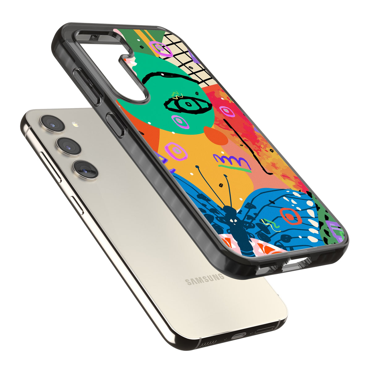 Abstract Butterfly Samsung S22 / Samsung S22 Plus / Samsung S23 / Samsung S23 Plus / Samsung S24 / Samsung S24 Plus Impact Black Phone Case angled