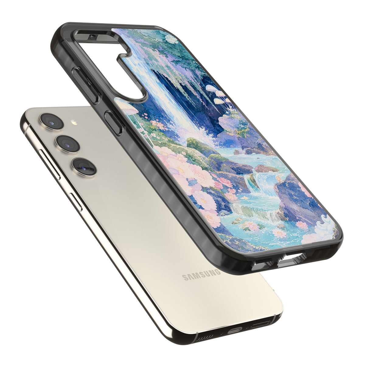 Mystic Waterfall Samsung S22 / Samsung S22 Plus / Samsung S23 / Samsung S23 Plus / Samsung S24 / Samsung S24 Plus Impact Black Phone Case angled