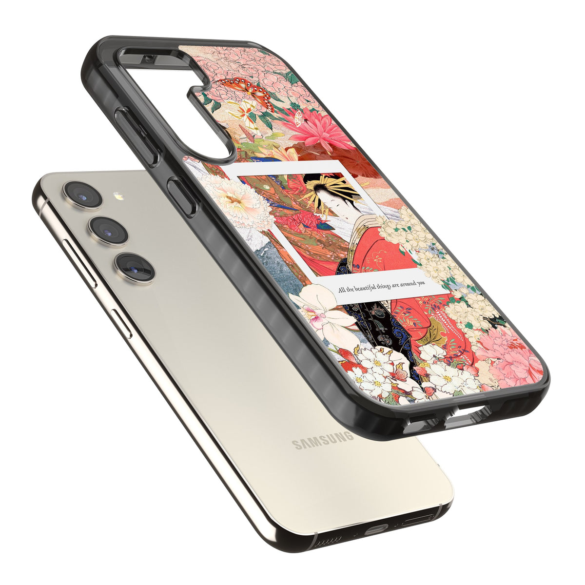Woodblock Geisha Samsung S22 / Samsung S22 Plus / Samsung S23 / Samsung S23 Plus / Samsung S24 / Samsung S24 Plus Impact Black Phone Case angled