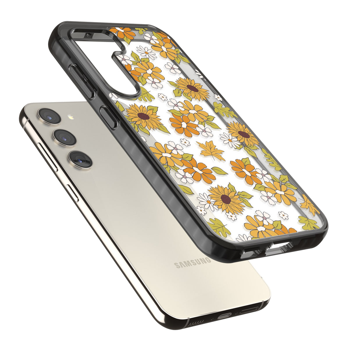 Boho Sunflowers Samsung S22 / Samsung S22 Plus / Samsung S23 / Samsung S23 Plus / Samsung S24 / Samsung S24 Plus Impact Black Phone Case angled