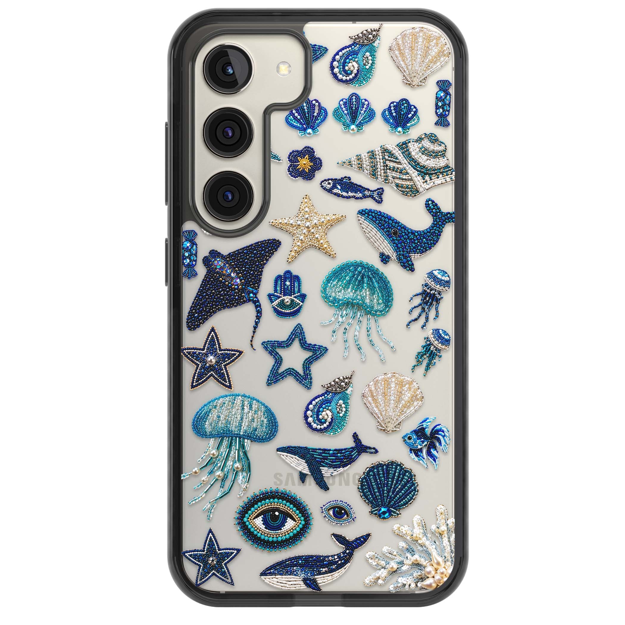 Beaded Coastal coastal iPhone case featuring embroidered seashells, jellyfish and a blue whale on clear | Black Impact case for Samsung Galaxy S24, Samsung Galaxy S23, Samsung Galaxy S22