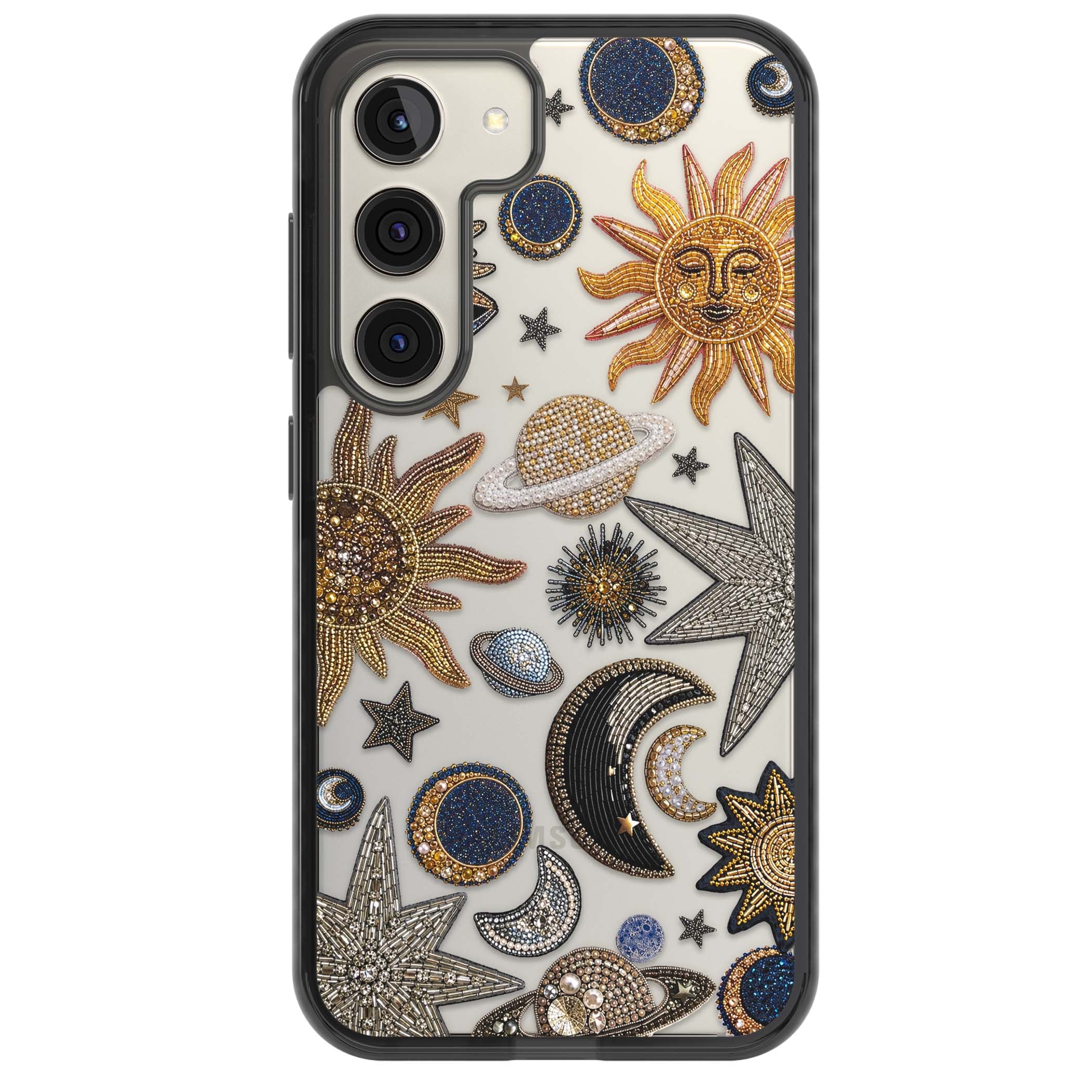 Beaded Cosmos celestial iPhone case featuring embroidered golden suns, beaded planets and silver shooting stars | Black Impact case for Samsung Galaxy S24, Samsung Galaxy S23, Samsung Galaxy S22