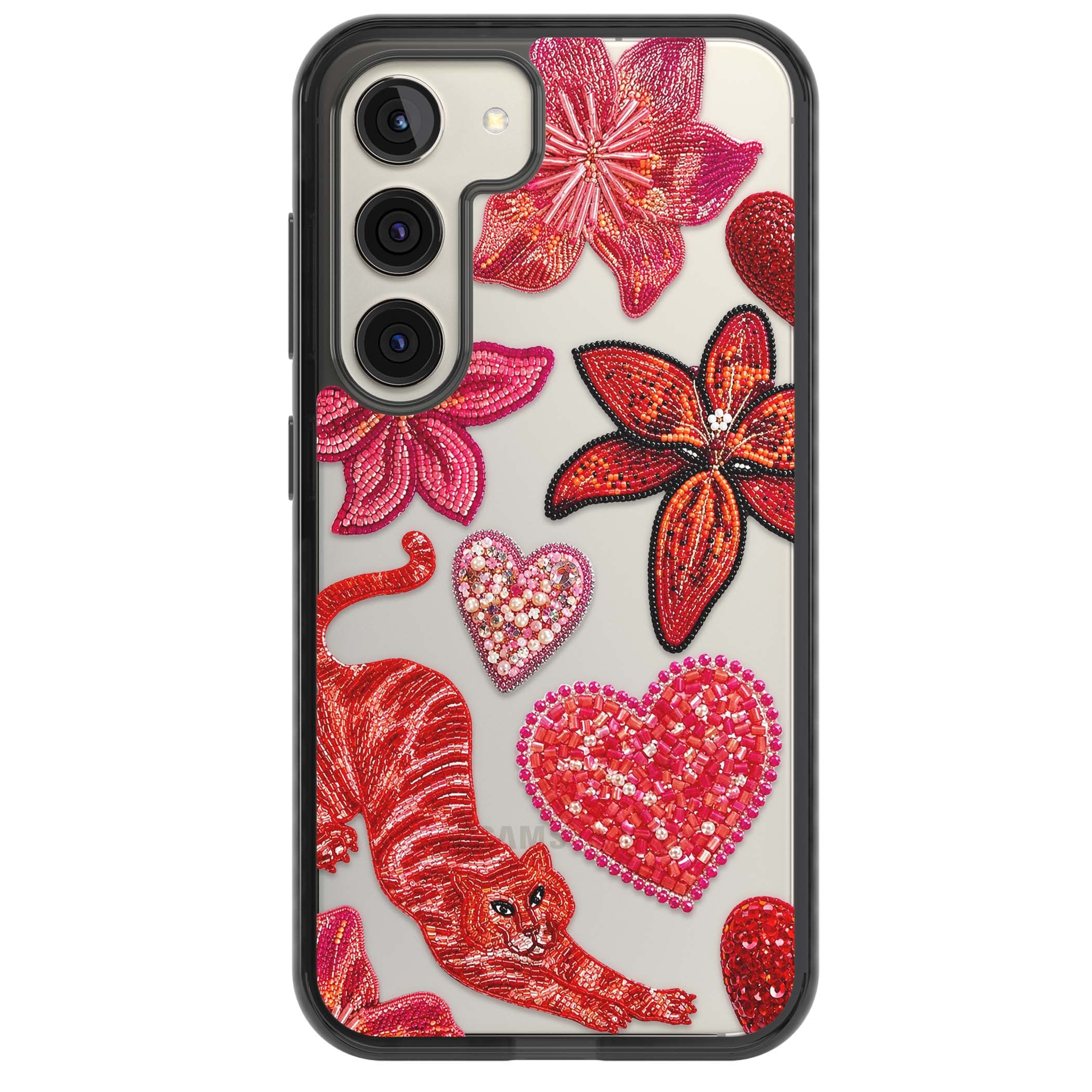 Beaded Boho floral iPhone case featuring beaded red lilies, a stitched tiger, and pearl-encrusted hearts on clear | Black Impact case for Samsung Galaxy S24, Samsung Galaxy S23, Samsung Galaxy S22