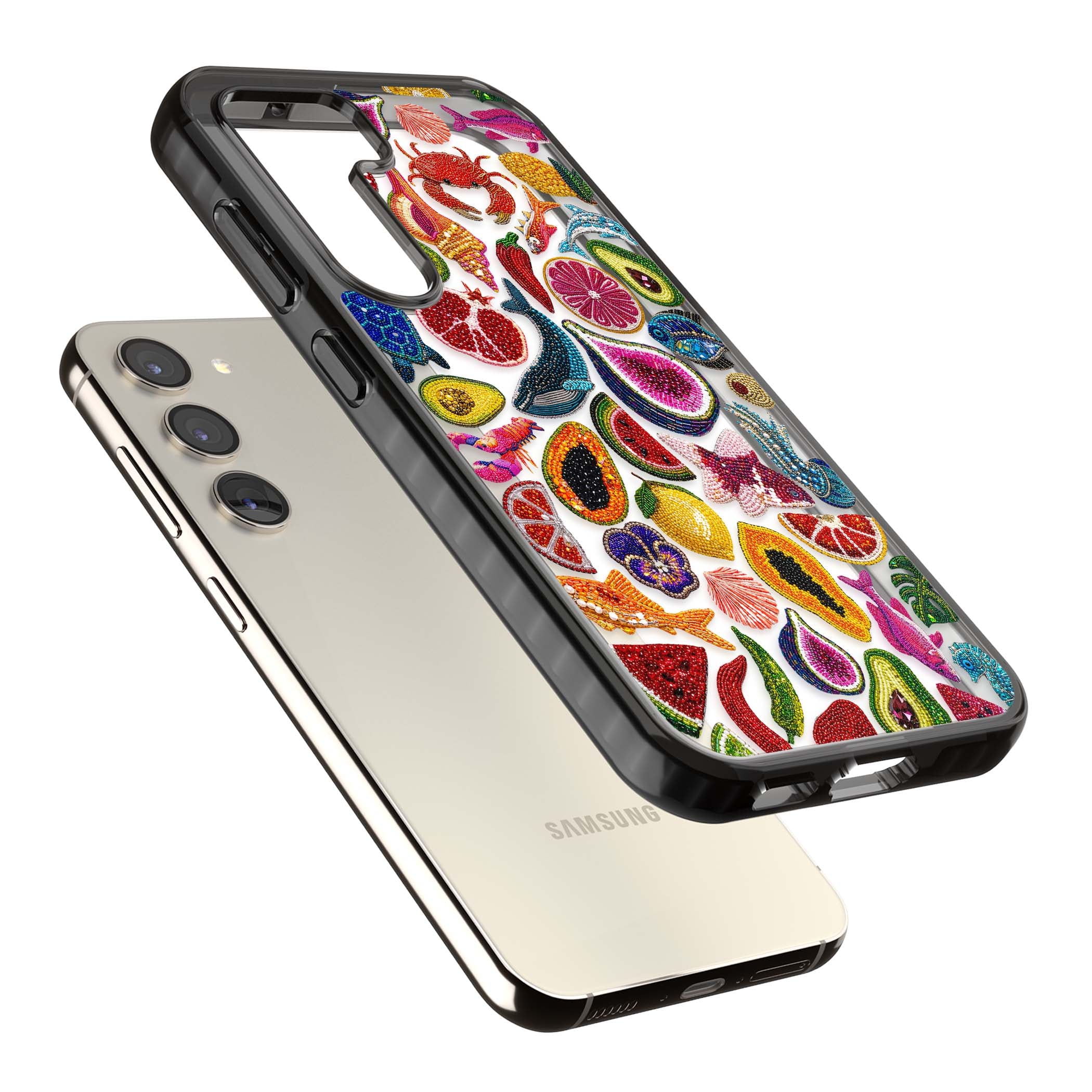 Beaded Tropic tropical iPhone case featuring beaded fruit, fish, crabs and seashells in vibrant colour | Black Impact case for Samsung Galaxy S24, Samsung Galaxy S23, Samsung Galaxy S22