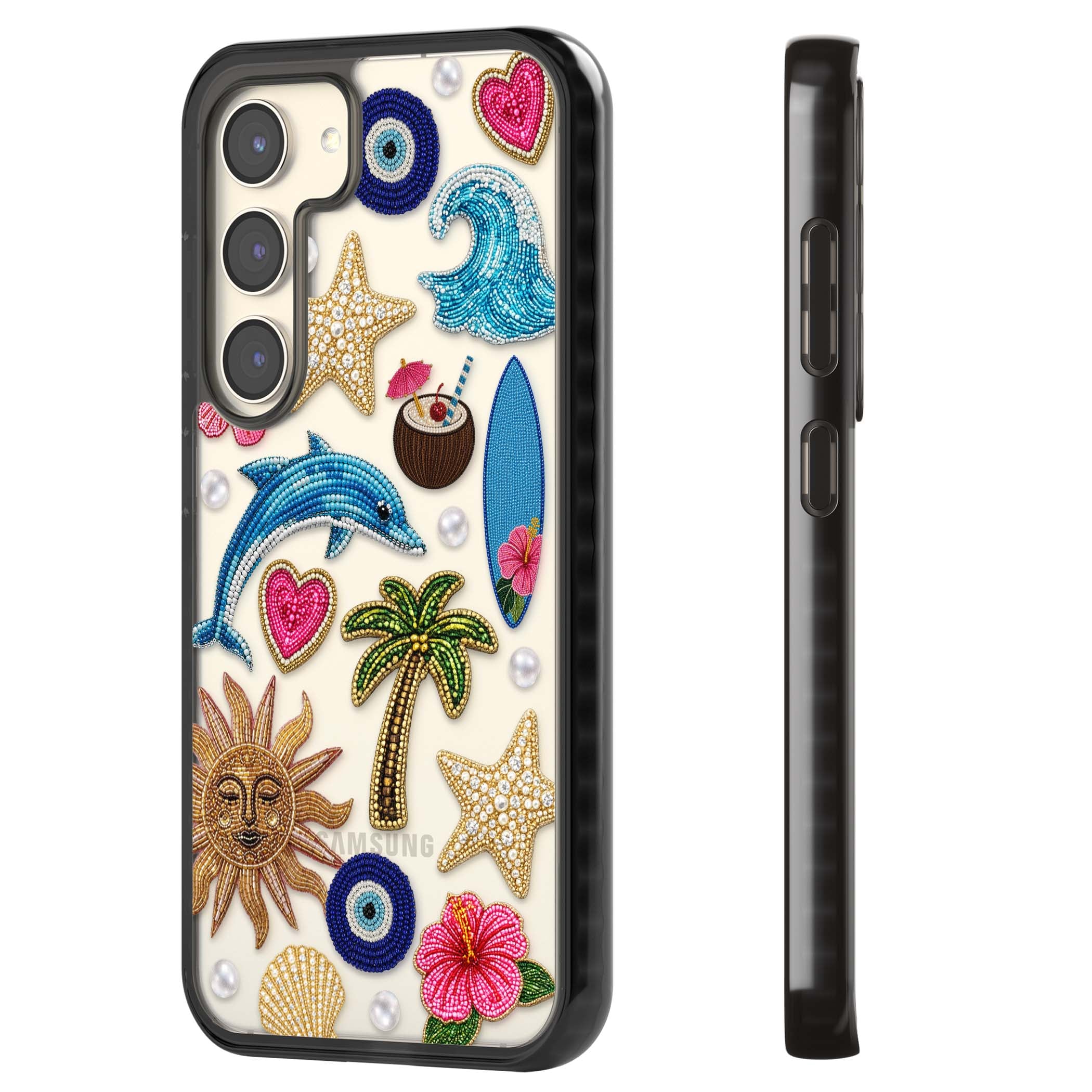 Beaded Beach coastal summer iPhone case featuring embroidered evil eye, hibiscus flowers, dolphin and palm tree patches | Black Impact case for Samsung Galaxy S24, Samsung Galaxy S23, Samsung Galaxy S22