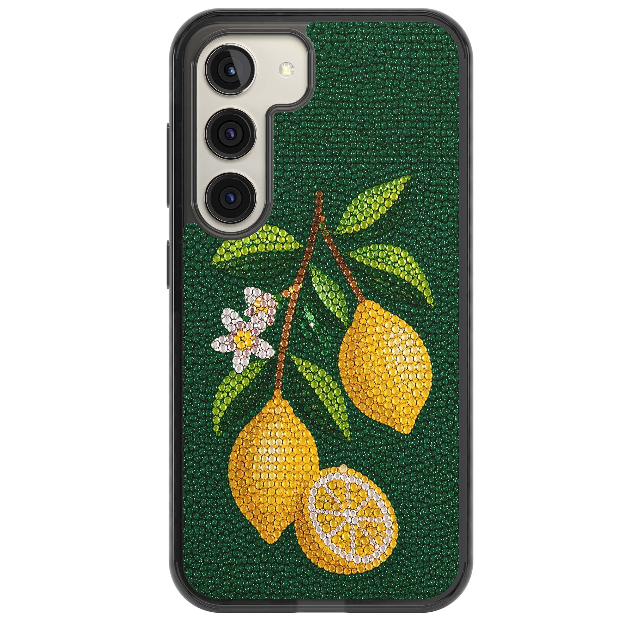 Beaded Lemons coastal iPhone case featuring crystal-beaded lemons, citrus blossom and green leaves on emerald ground | Black Impact case for Samsung Galaxy S24, Samsung Galaxy S23, Samsung Galaxy S22