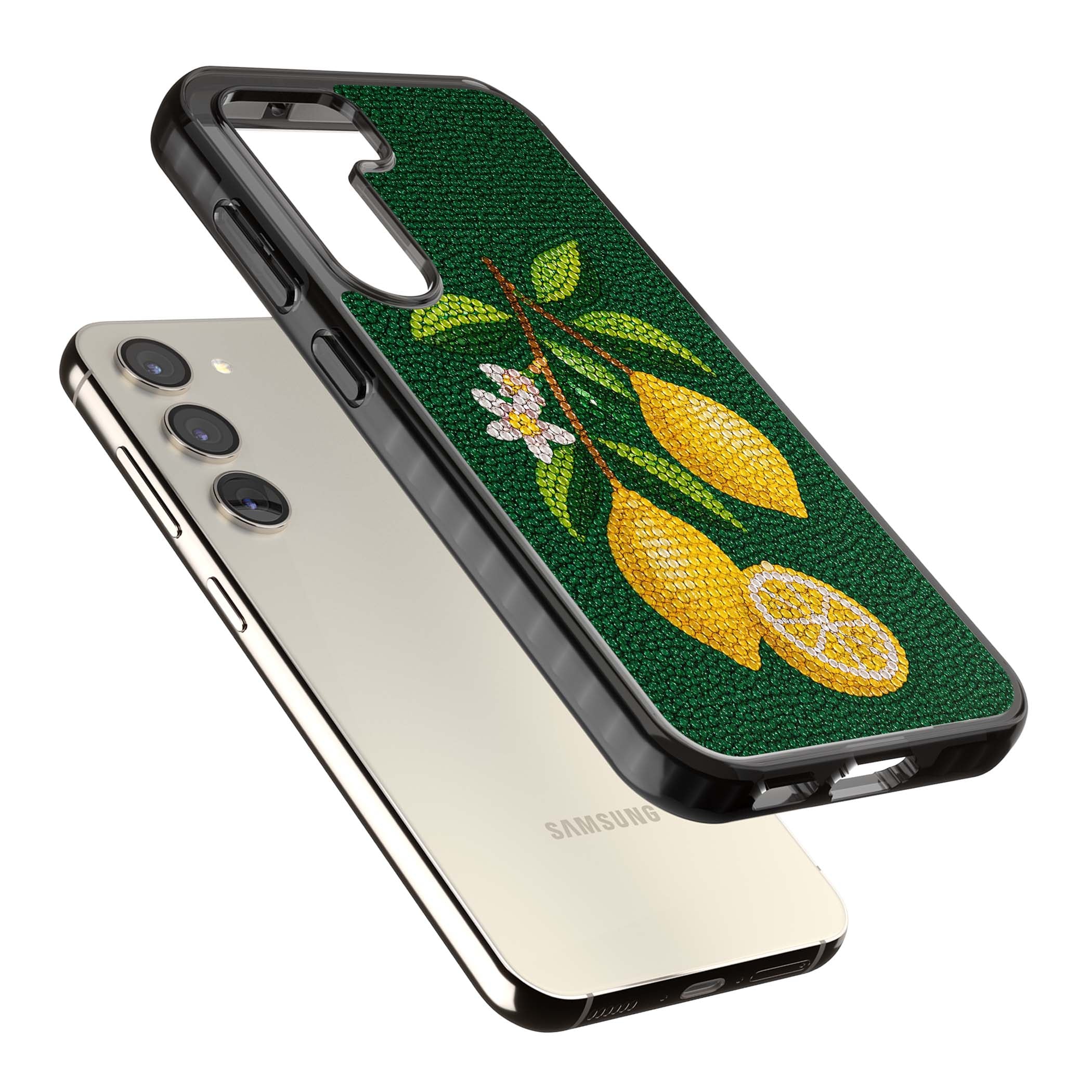 Beaded Lemons coastal iPhone case featuring crystal-beaded lemons, citrus blossom and green leaves on emerald ground | Black Impact case for Samsung Galaxy S24, Samsung Galaxy S23, Samsung Galaxy S22
