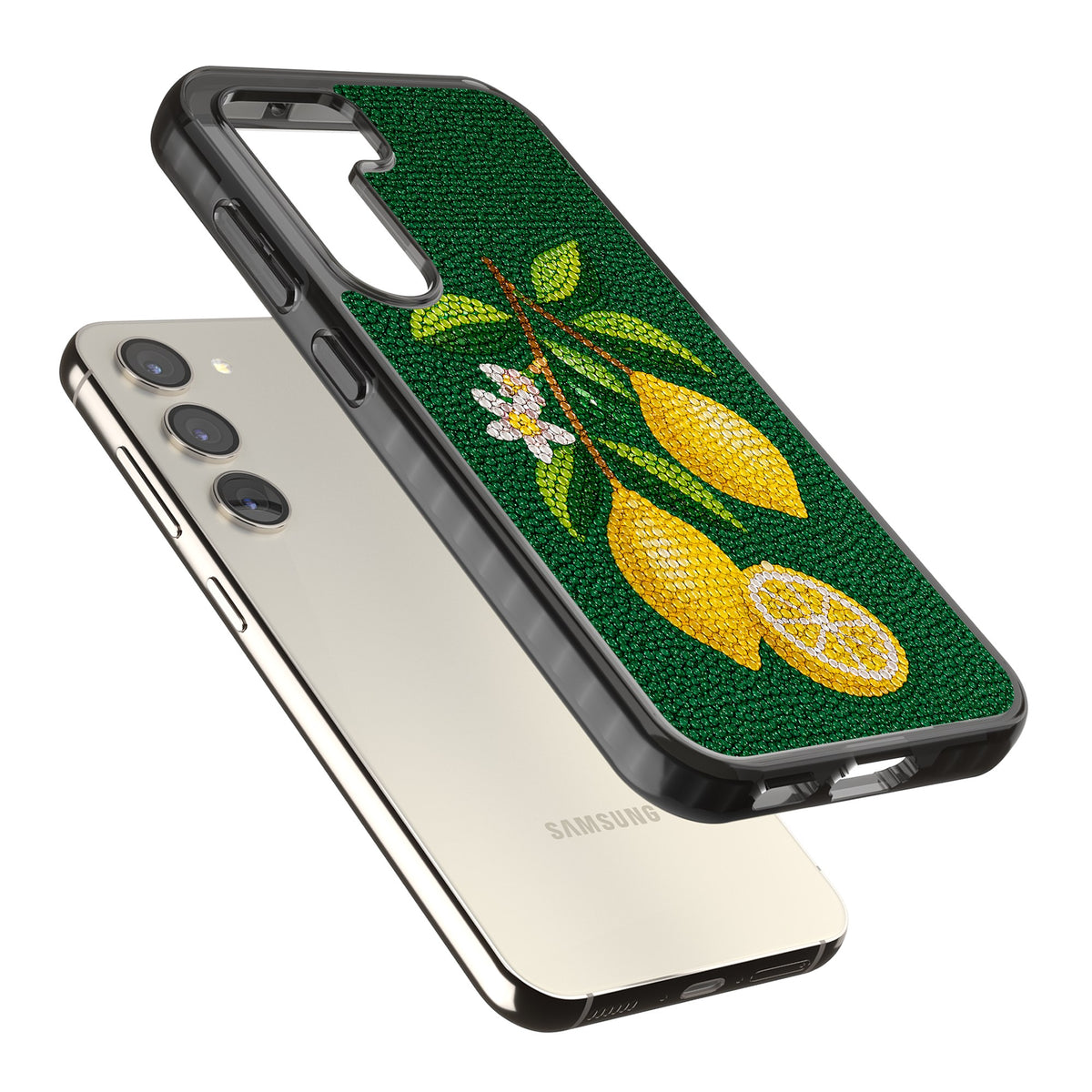 Beaded Lemons Samsung S22 / Samsung S22 Plus / Samsung S23 / Samsung S23 Plus / Samsung S24 / Samsung S24 Plus Impact Black Phone Case angled