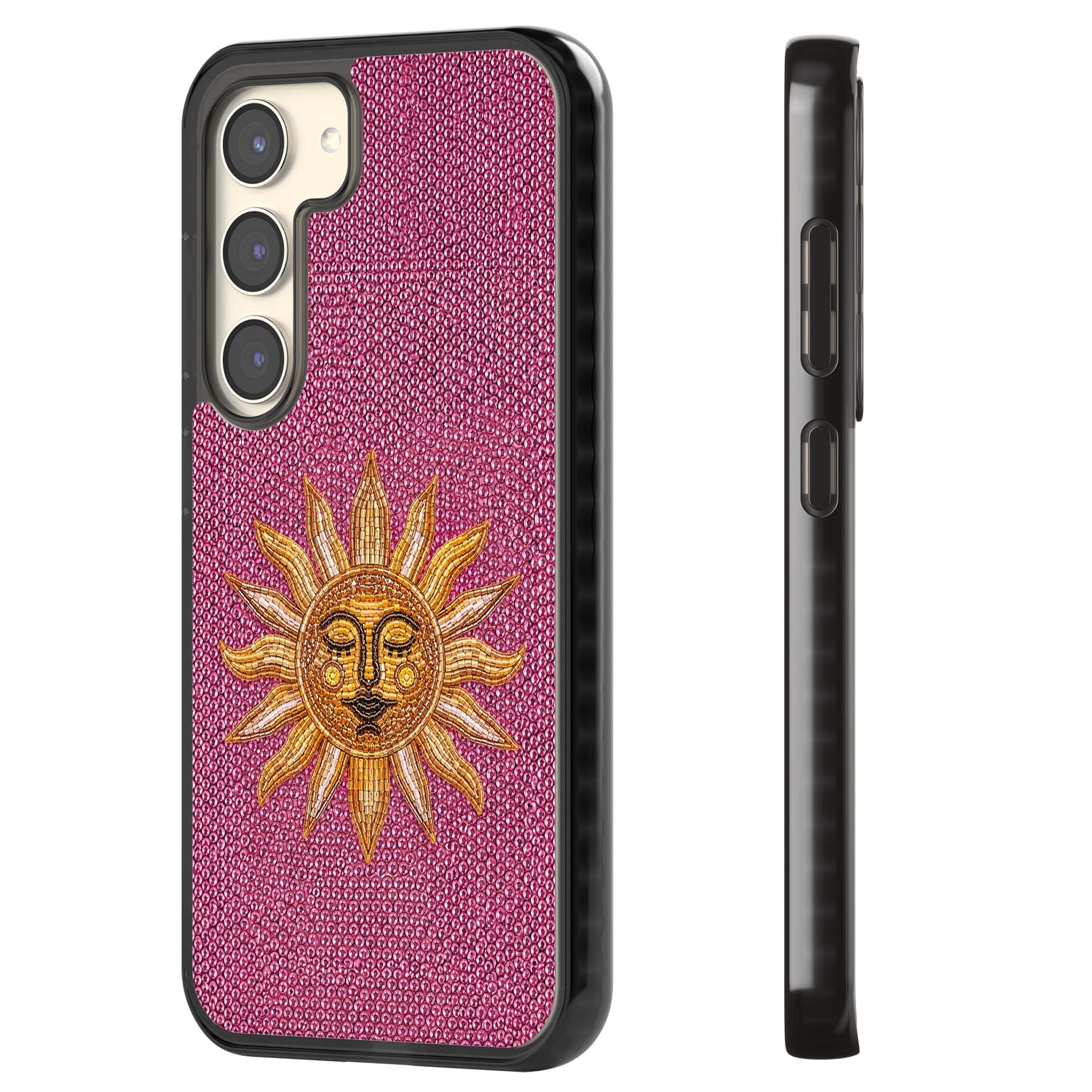 Beaded Sun celestial iPhone case featuring a golden beaded sun face with radiant rays on hot pink beaded background | Black Impact case for Samsung Galaxy S24, Samsung Galaxy S23, Samsung Galaxy S22