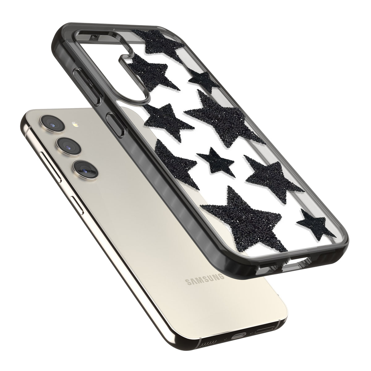 Beaded Black Stars Samsung S22 / Samsung S22 Plus / Samsung S23 / Samsung S23 Plus / Samsung S24 / Samsung S24 Plus Impact Black Phone Case angled