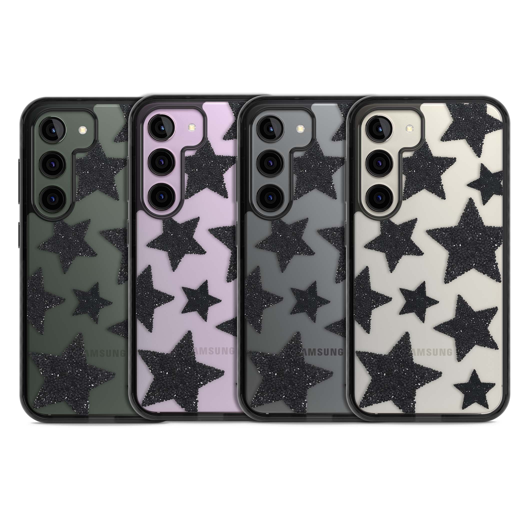 Beaded Black Stars celestial iPhone case featuring black glitter beaded stars scattered on a clear background | Black Impact case for Samsung Galaxy S24, Samsung Galaxy S23, Samsung Galaxy S22