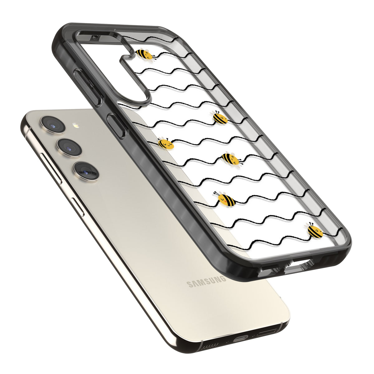 Bee Wave Pattern Samsung S22 / Samsung S22 Plus / Samsung S23 / Samsung S23 Plus / Samsung S24 / Samsung S24 Plus Impact Black Phone Case angled