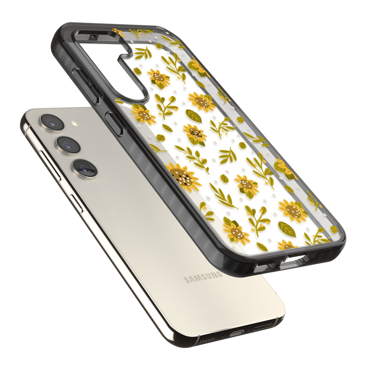Bees & Sunflowers Samsung S22 / Samsung S22 Plus / Samsung S23 / Samsung S23 Plus / Samsung S24 / Samsung S24 Plus Impact Black Phone Case angled