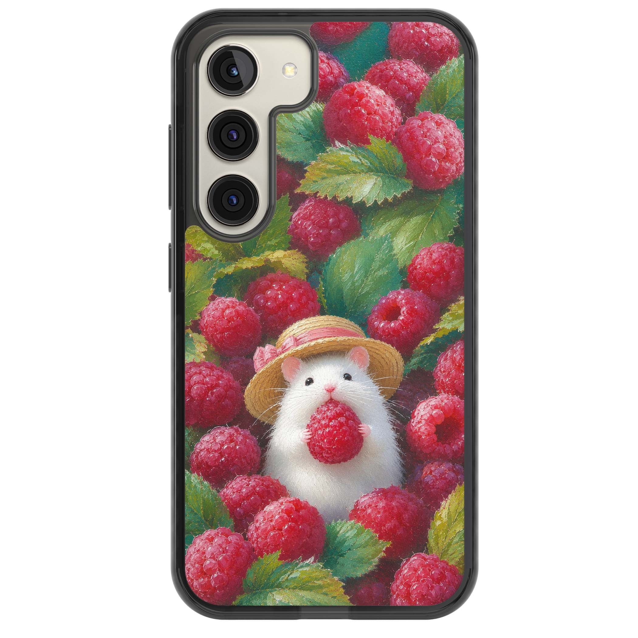 Berry Forager cottagecore iPhone case featuring a white hamster in a straw hat holding a raspberry surrounded by ripe ber | Black Impact case for Samsung Galaxy S24, Samsung Galaxy S23, Samsung Galaxy S22
