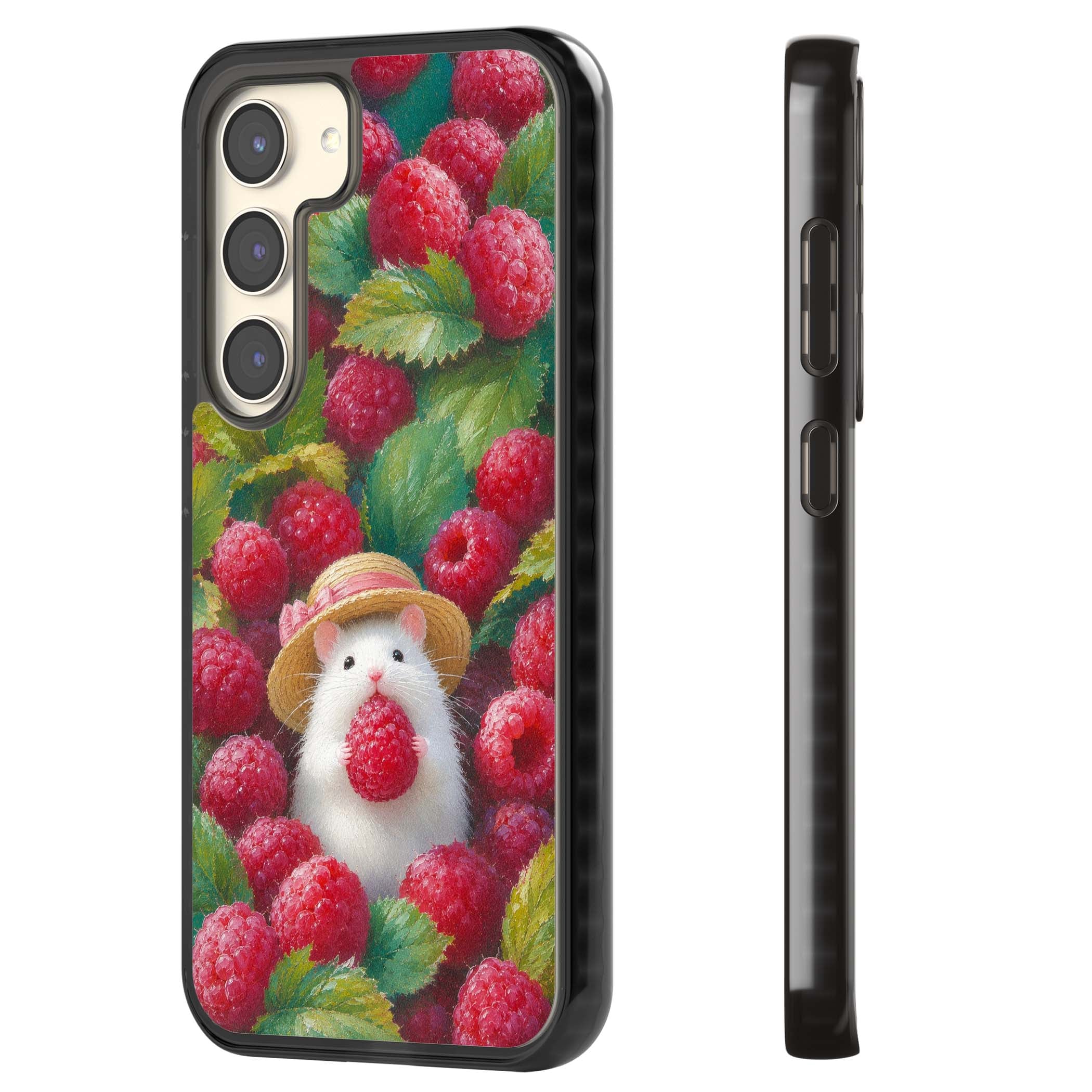 Berry Forager cottagecore iPhone case featuring a white hamster in a straw hat holding a raspberry surrounded by ripe ber | Black Impact case for Samsung Galaxy S24, Samsung Galaxy S23, Samsung Galaxy S22
