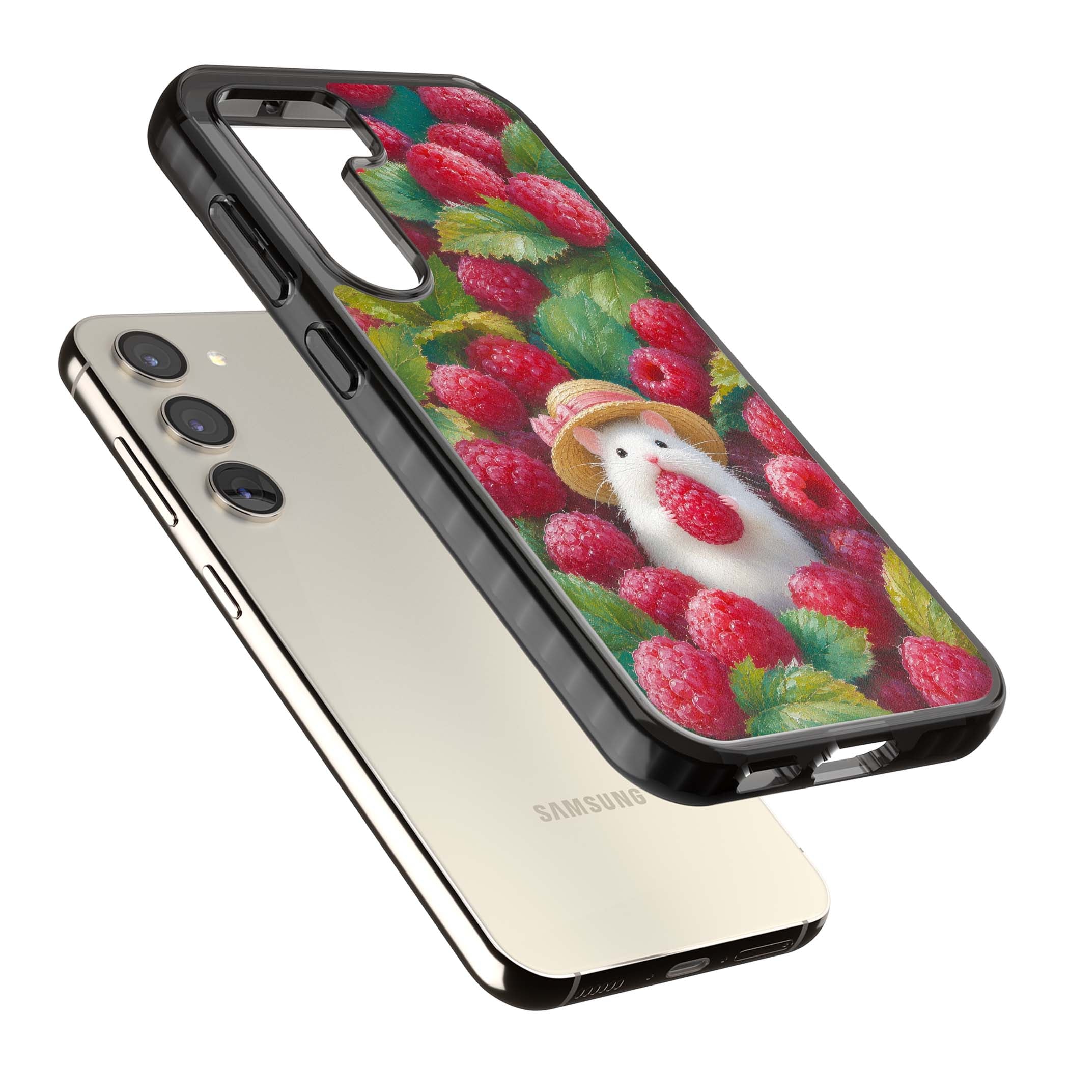 Berry Forager cottagecore iPhone case featuring a white hamster in a straw hat holding a raspberry surrounded by ripe ber | Black Impact case for Samsung Galaxy S24, Samsung Galaxy S23, Samsung Galaxy S22