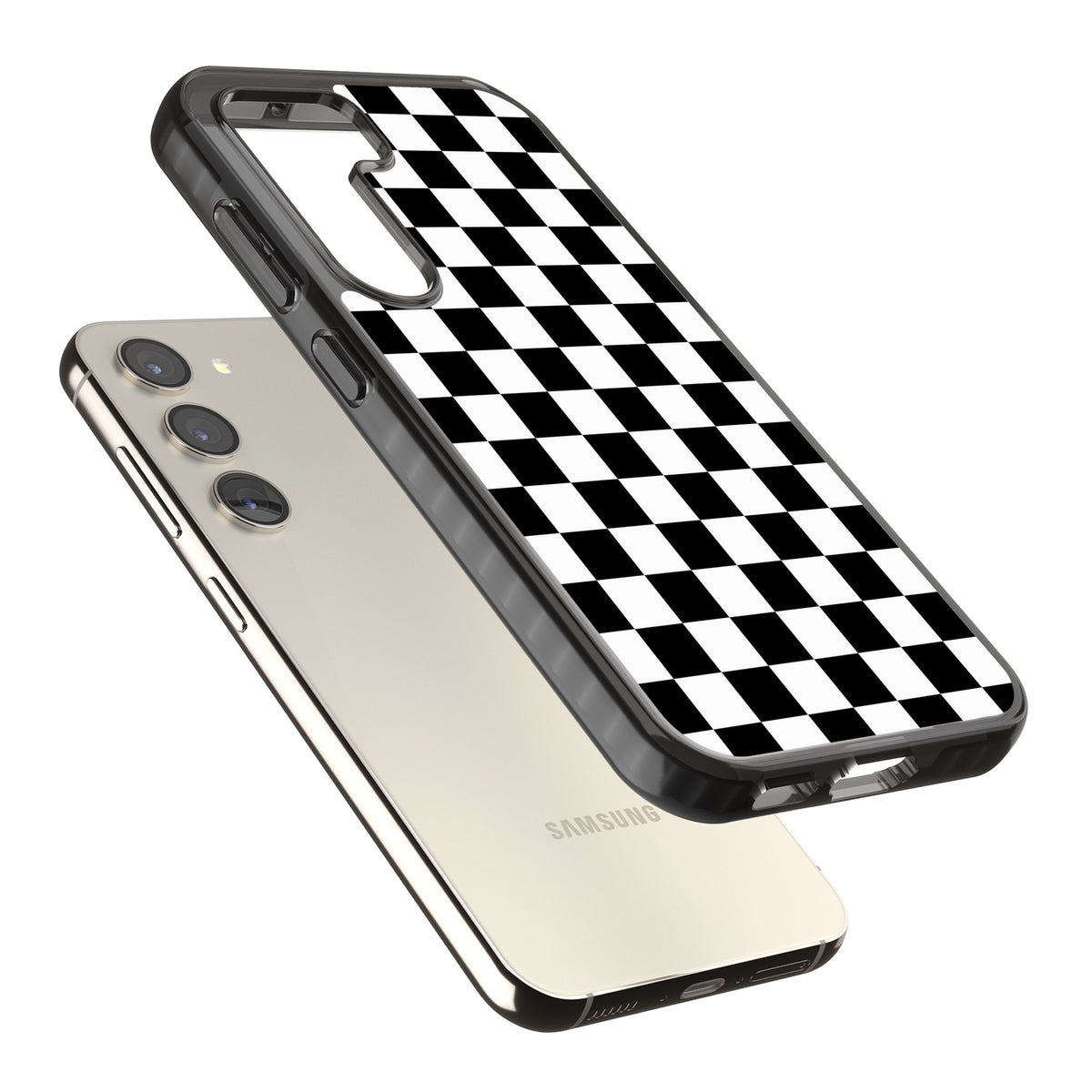 Checkerboard Samsung S22 / Samsung S22 Plus / Samsung S23 / Samsung S23 Plus / Samsung S24 / Samsung S24 Plus Impact Black Phone Case angled