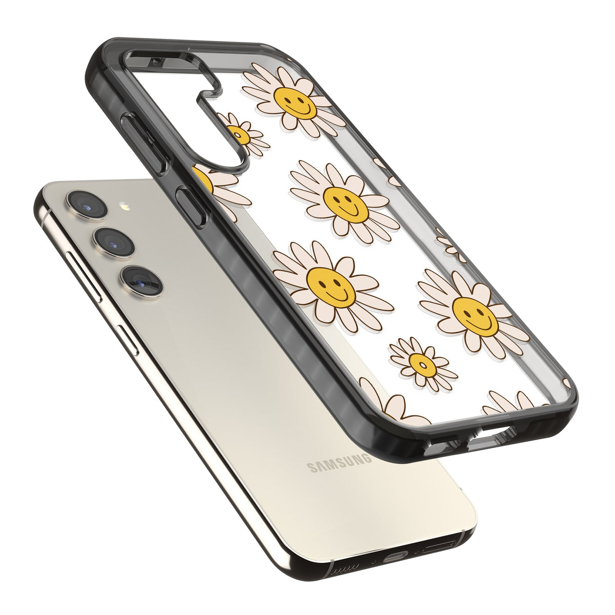 Daisy Faces Samsung S22 / Samsung S22 Plus / Samsung S23 / Samsung S23 Plus / Samsung S24 / Samsung S24 Plus Impact Black Phone Case angled