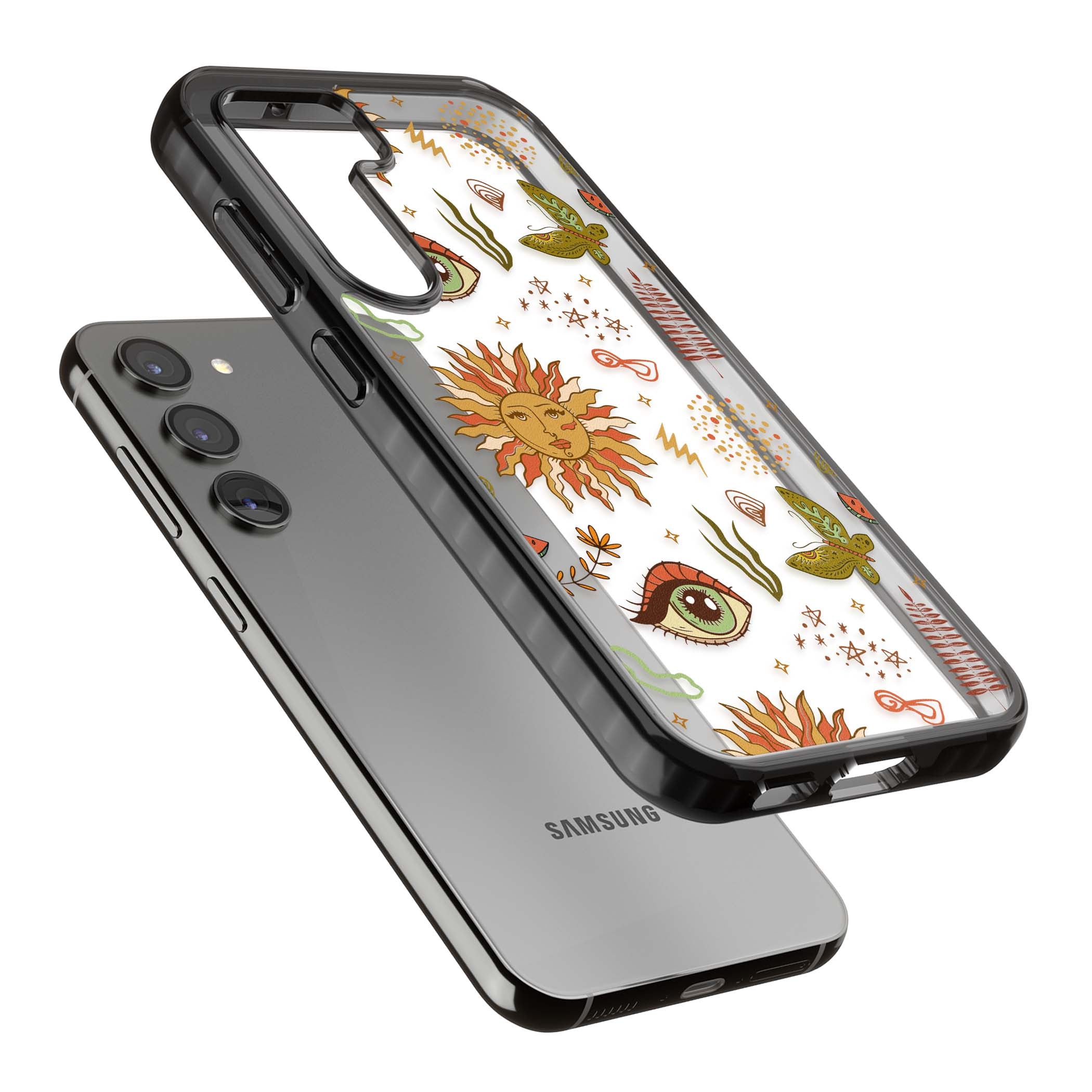 Elevate Your Phone'S Style With This Boho Celestial Sun & Eye Phone Case, Featuring A Mystical Blend Of Suns, All-Seeing Eyes, Butterflies, Stars, And
