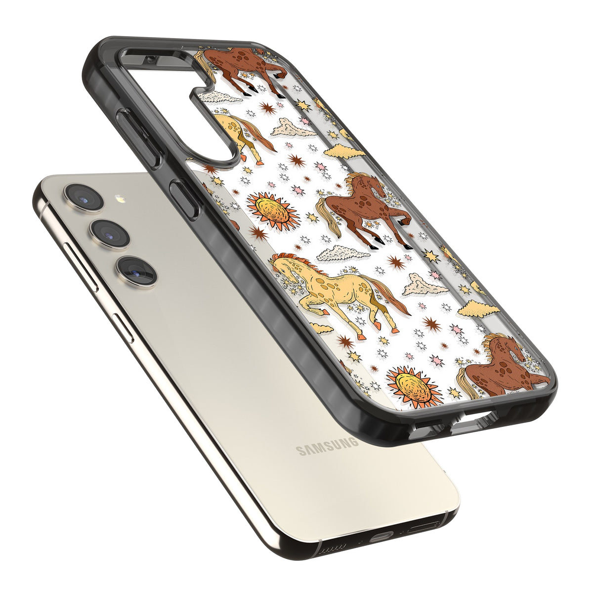 Boho Celestial Wild Horses Samsung S22 / Samsung S22 Plus / Samsung S23 / Samsung S23 Plus / Samsung S24 / Samsung S24 Plus Impact Black Phone Case angled