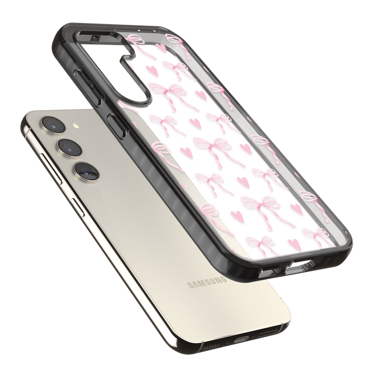 Pink Bows & Hearts Samsung S22 / Samsung S22 Plus / Samsung S23 / Samsung S23 Plus / Samsung S24 / Samsung S24 Plus Impact Black Phone Case angled