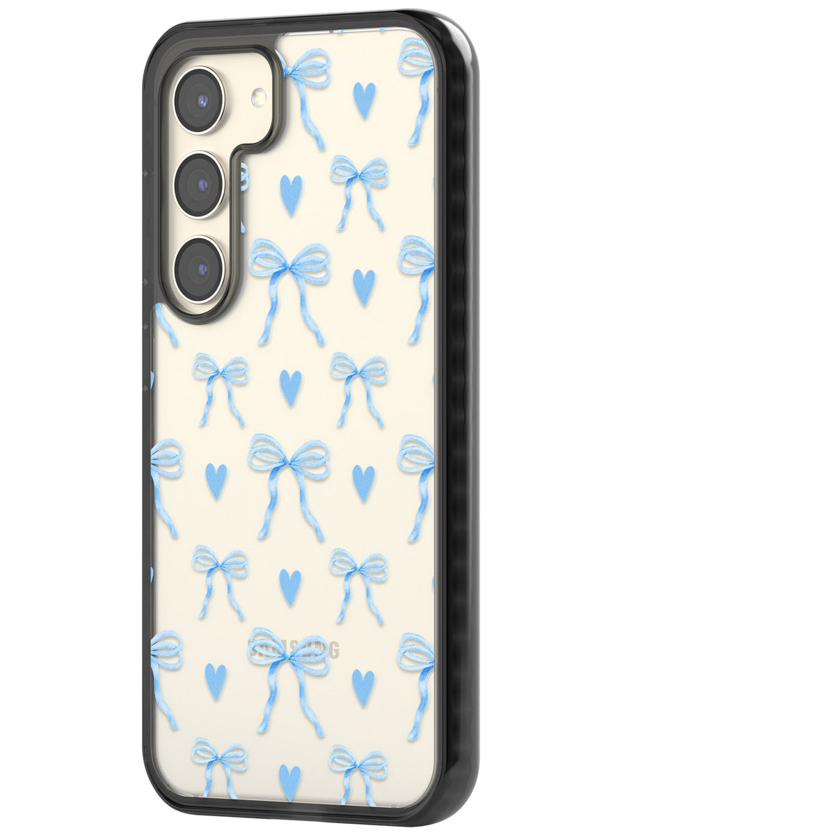 Blue Bows & Hearts Samsung S22 / Samsung S22 Plus / Samsung S23 / Samsung S23 Plus / Samsung S24 / Samsung S24 Plus Impact Black Phone Case side