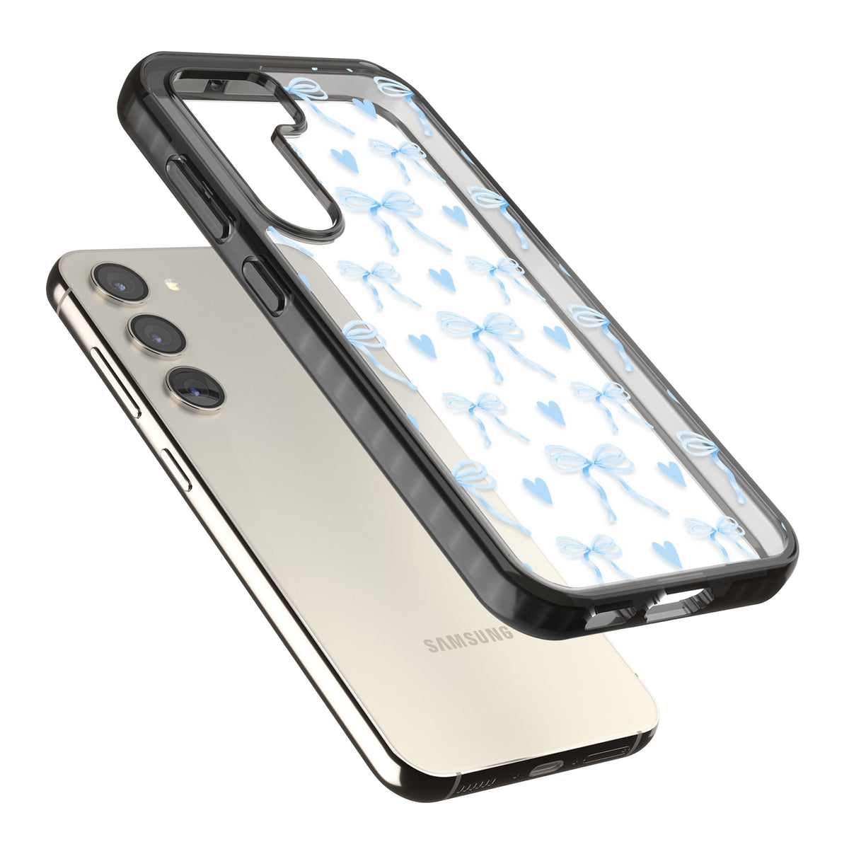 Blue Bows & Hearts Samsung S22 / Samsung S22 Plus / Samsung S23 / Samsung S23 Plus / Samsung S24 / Samsung S24 Plus Impact Black Phone Case angled