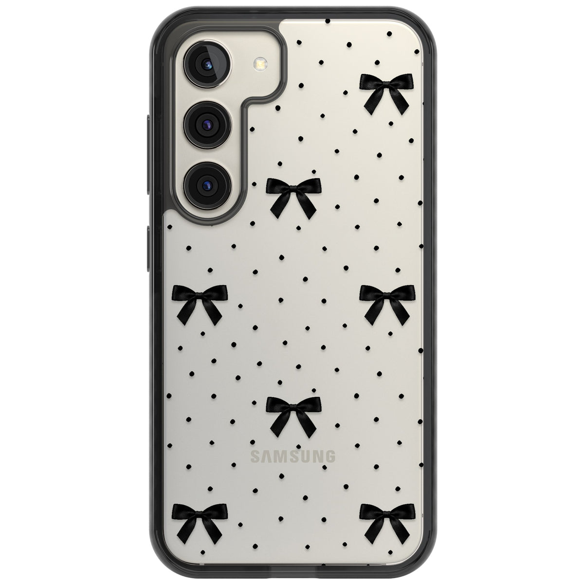 Black Polka Bows Samsung S22 / Samsung S22 Plus / Samsung S23 / Samsung S23 Plus / Samsung S24 / Samsung S24 Plus Impact Black Phone Case front
