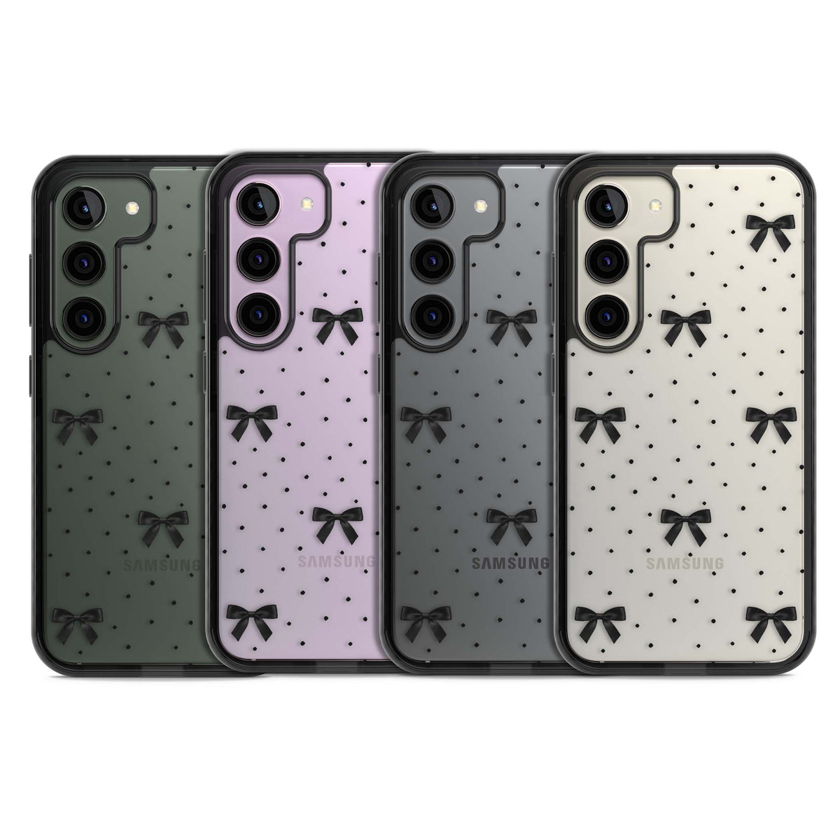 Black Polka Bows coquette iPhone case featuring scattered black satin bows and tiny polka dots on a clear base | Black Impact case for Samsung Galaxy S24, Samsung Galaxy S23, Samsung Galaxy S22