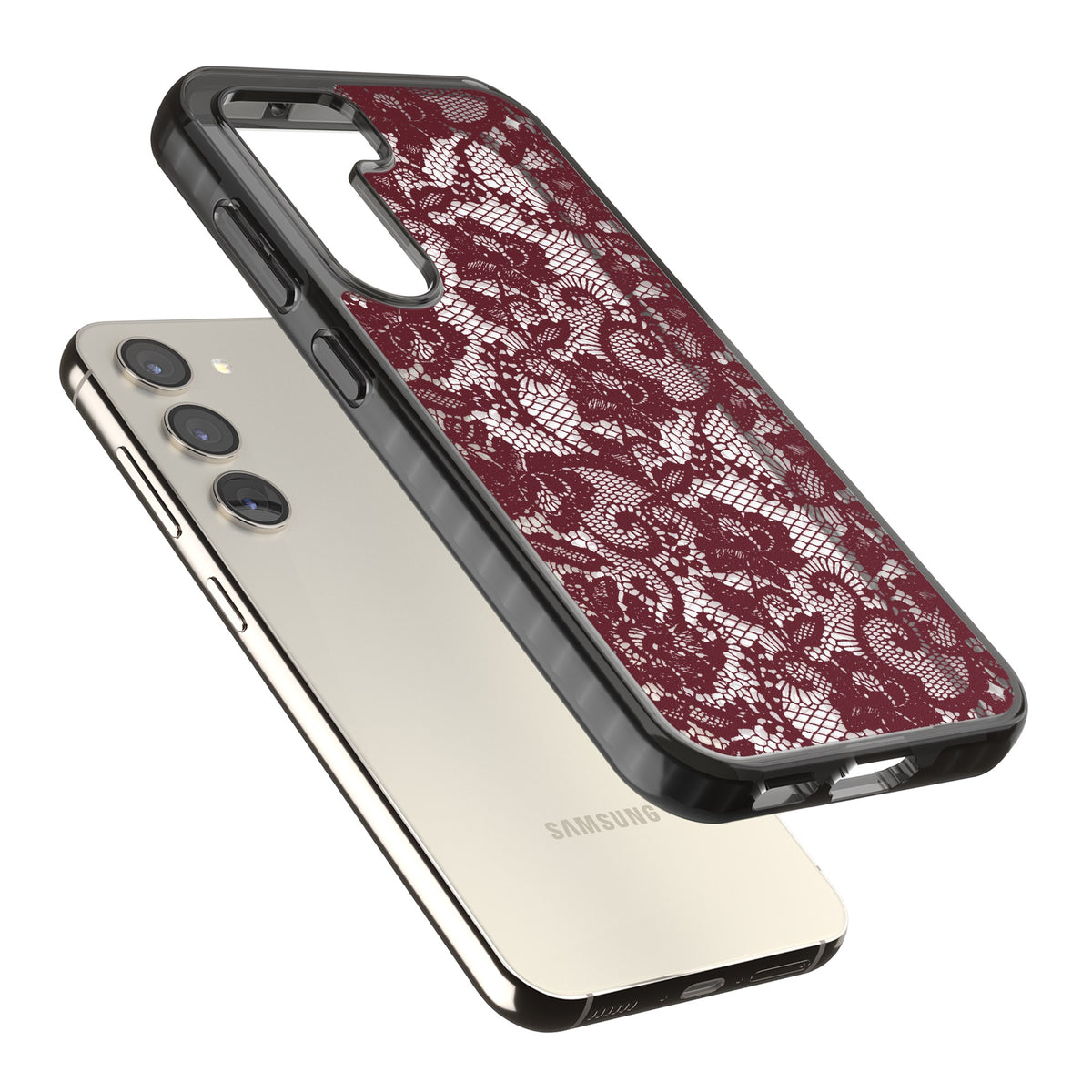 Burgundy Lace Samsung S22 / Samsung S22 Plus / Samsung S23 / Samsung S23 Plus / Samsung S24 / Samsung S24 Plus Impact Black Phone Case angled