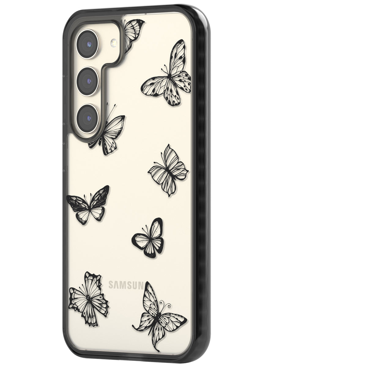 Grey Butterfly Line Pattern Samsung S22 / Samsung S22 Plus / Samsung S23 / Samsung S23 Plus / Samsung S24 / Samsung S24 Plus Impact Black Phone Case side