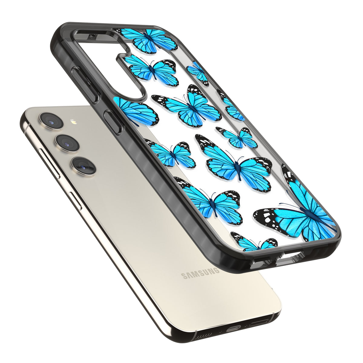 Azure Butterflies Samsung S22 / Samsung S22 Plus / Samsung S23 / Samsung S23 Plus / Samsung S24 / Samsung S24 Plus Impact Black Phone Case angled