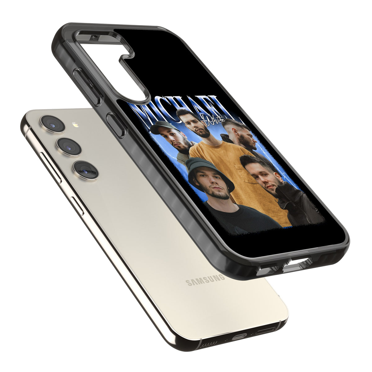 Personalised Airbrush Name & Photo Collage (Blue) Samsung S22 / Samsung S22 Plus / Samsung S23 / Samsung S23 Plus / Samsung S24 / Samsung S24 Plus Impact Black Phone Case angled