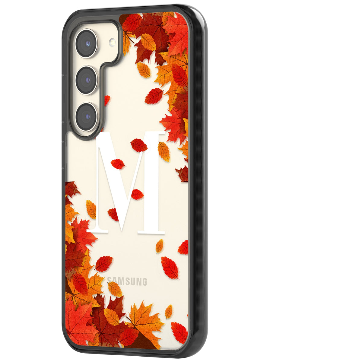 Personalised Autumn Leaves Monogram Samsung S22 / Samsung S22 Plus / Samsung S23 / Samsung S23 Plus / Samsung S24 / Samsung S24 Plus Impact Black Phone Case side
