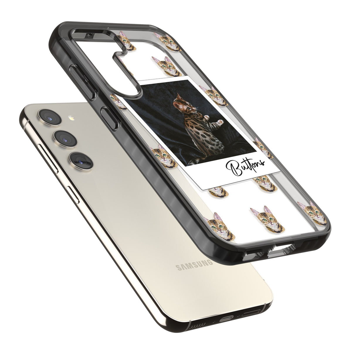 Personalised Bengal Cat Photo Samsung S22 / Samsung S22 Plus / Samsung S23 / Samsung S23 Plus / Samsung S24 / Samsung S24 Plus Impact Black Phone Case angled