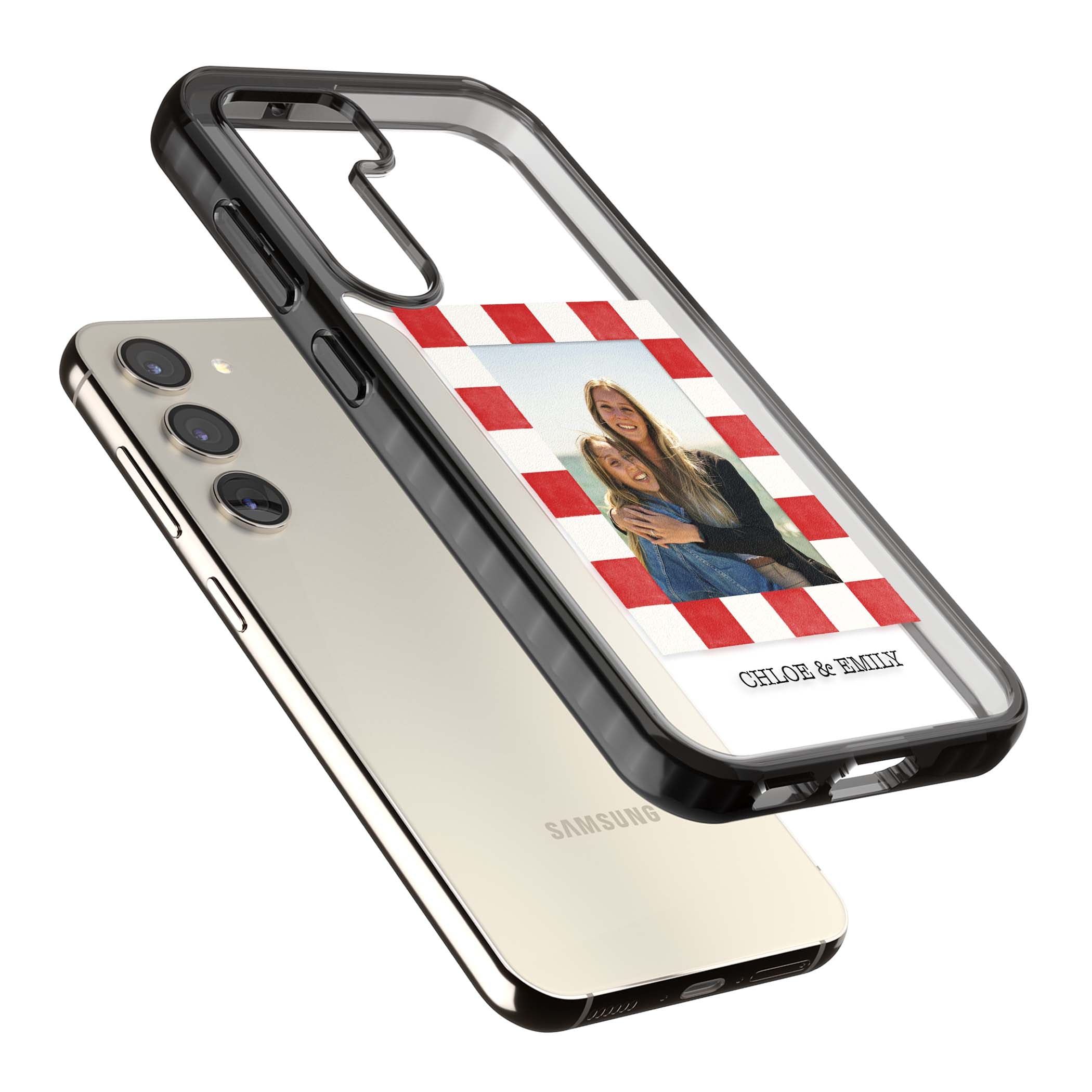 Red Check Photo personalised photo iPhone case with red and white checkered polaroid frame and custom couple name | Black Impact case for Samsung Galaxy S24, Samsung Galaxy S23, Samsung Galaxy S22