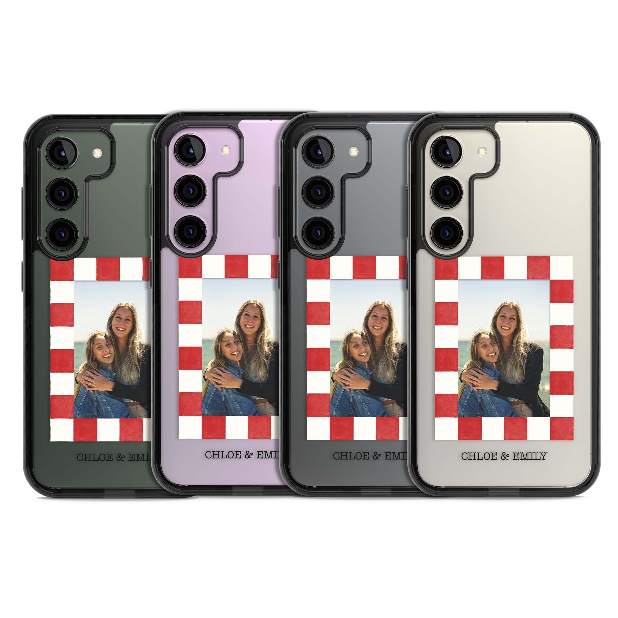 Red Check Photo personalised photo iPhone case with red and white checkered polaroid frame and custom couple name | Black Impact case for Samsung Galaxy S24, Samsung Galaxy S23, Samsung Galaxy S22