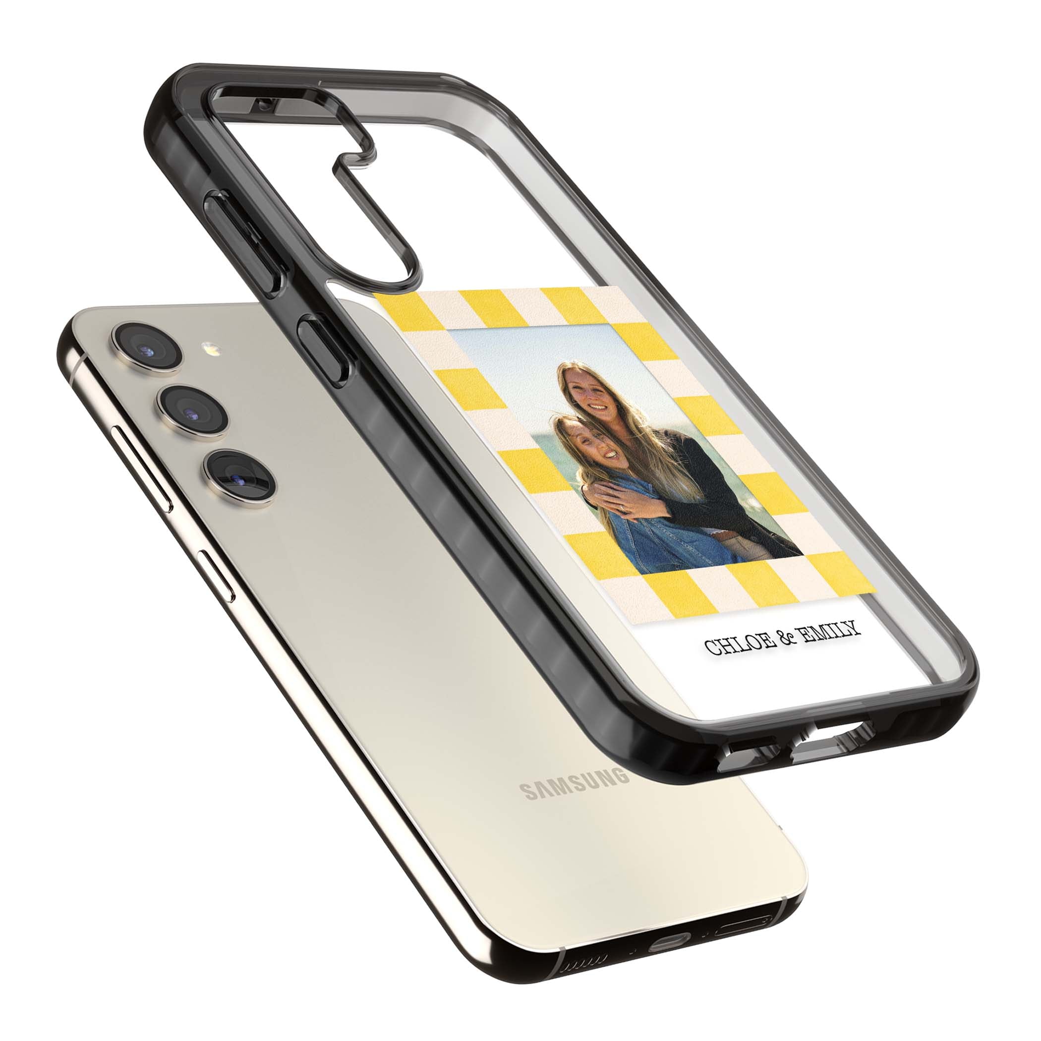 Yellow Check Photo personalised iPhone case with yellow checkered Polaroid frame and custom names beneath | Black Impact case for Samsung Galaxy S24, Samsung Galaxy S23, Samsung Galaxy S22