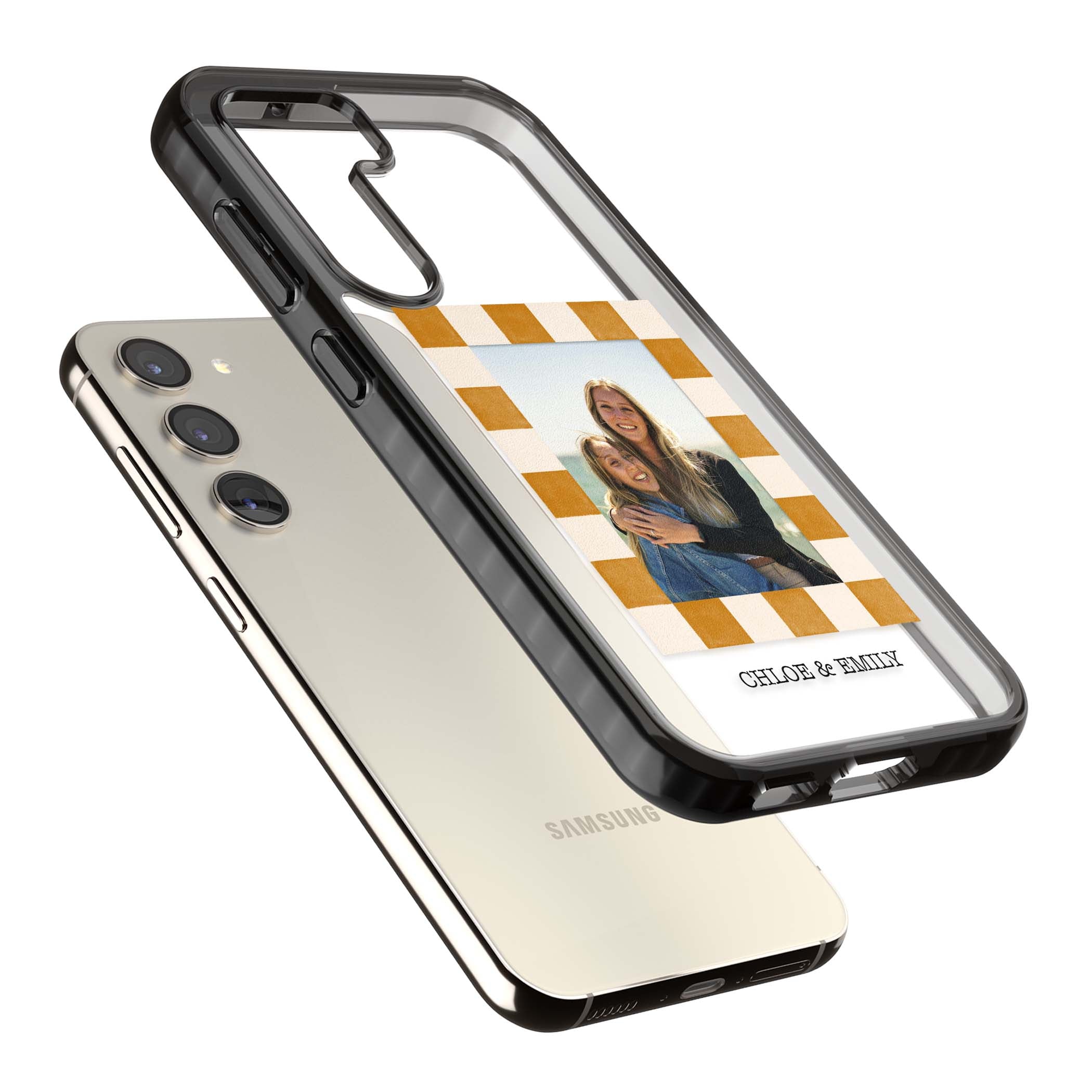 Citrus Check Photo personalised iPhone case with custom photo, orange checkered frame and names underneath | Black Impact case for Samsung Galaxy S24, Samsung Galaxy S23, Samsung Galaxy S22