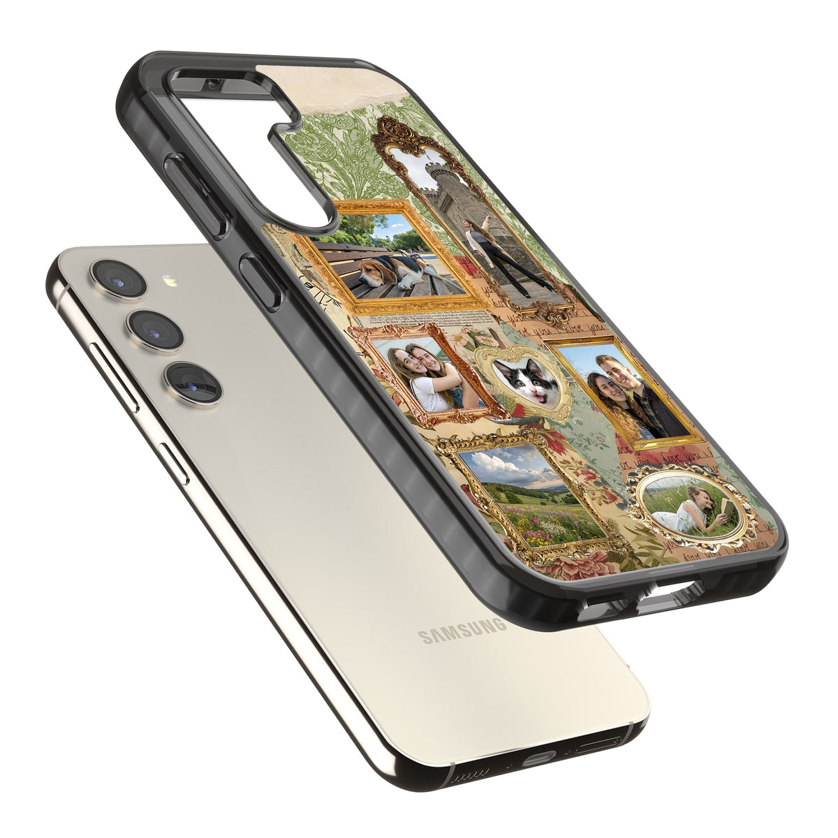 Personalised Vintage Frame Collage Samsung S22 / Samsung S22 Plus / Samsung S23 / Samsung S23 Plus / Samsung S24 / Samsung S24 Plus Impact Black Phone Case angled