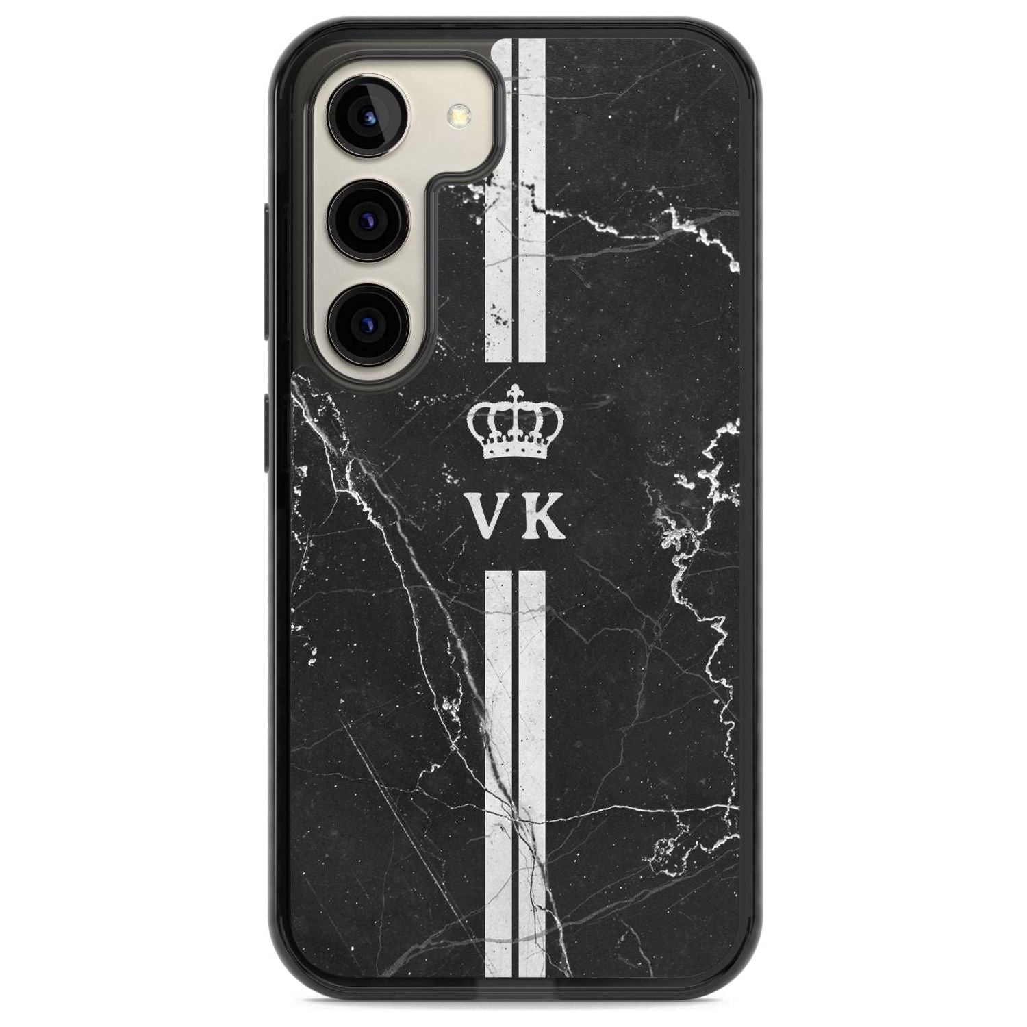 Personalised Stripes + Initials with Crown on Black Marble Custom Phone Case Samsung S22 / Black Impact Case,Samsung S23 / Black Impact Case Blanc Space