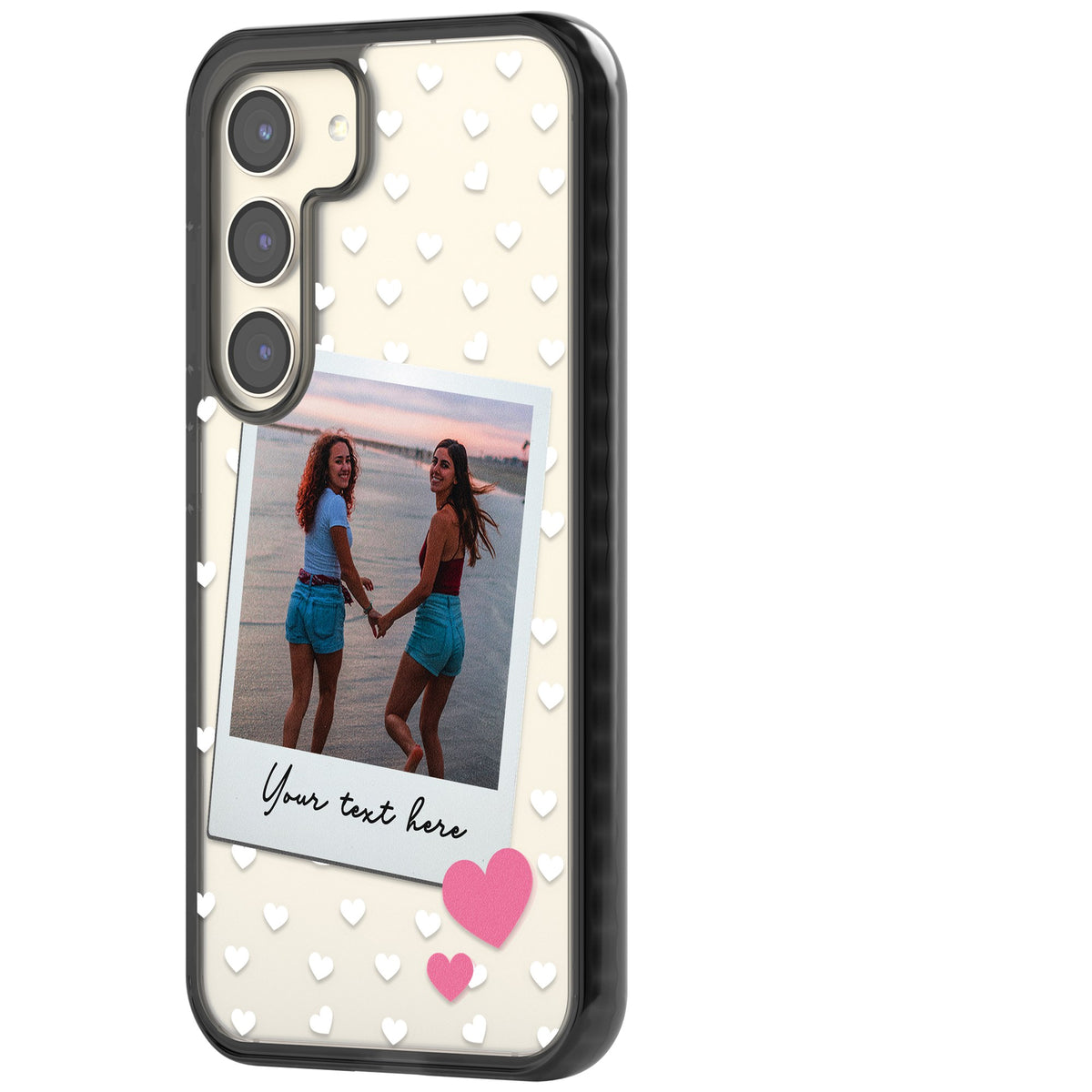 Personalised Hearts Instant Camera Photo Samsung S22 / Samsung S22 Plus / Samsung S23 / Samsung S23 Plus / Samsung S24 / Samsung S24 Plus Impact Black Phone Case side
