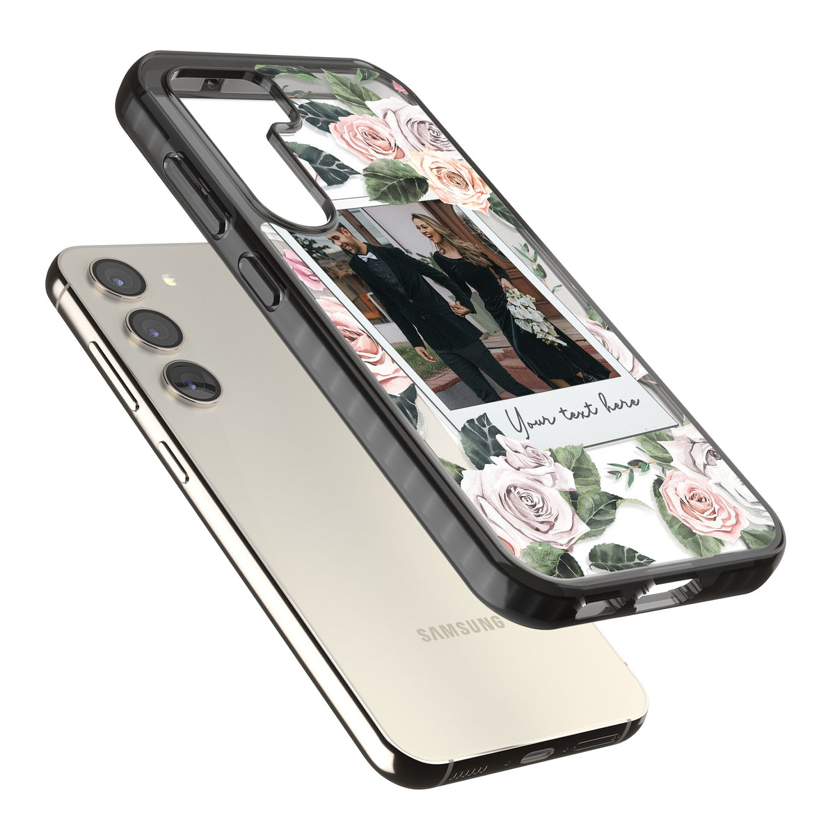 Personalised Floral Polaroid Samsung S22 / Samsung S22 Plus / Samsung S23 / Samsung S23 Plus / Samsung S24 / Samsung S24 Plus Impact Black Phone Case angled