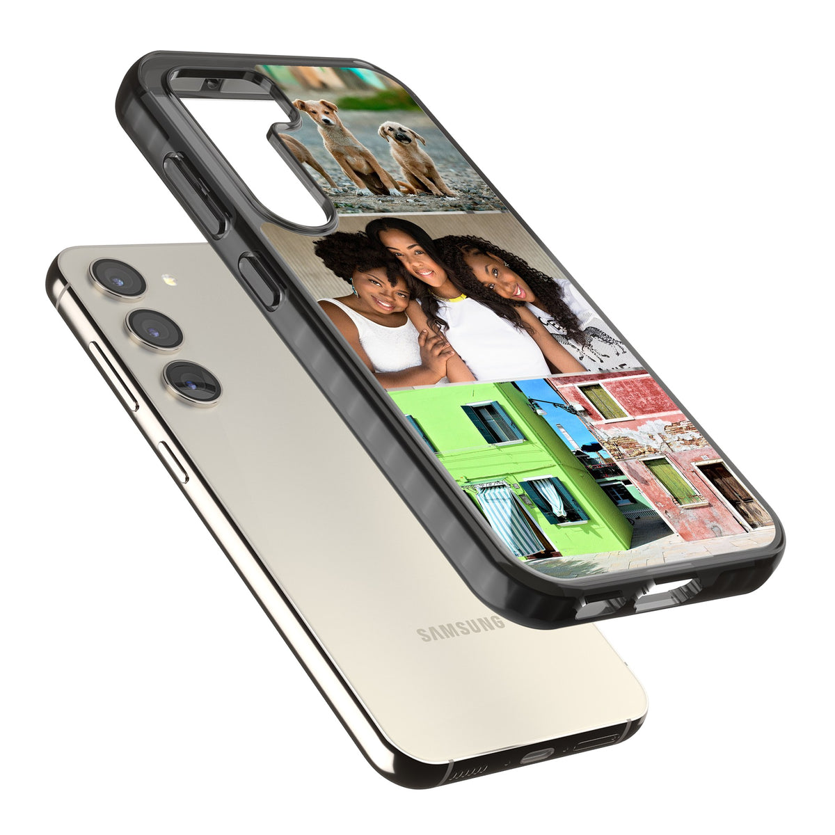 Personalised 3 Photo Grid Samsung S22 / Samsung S22 Plus / Samsung S23 / Samsung S23 Plus / Samsung S24 / Samsung S24 Plus Impact Black Phone Case angled