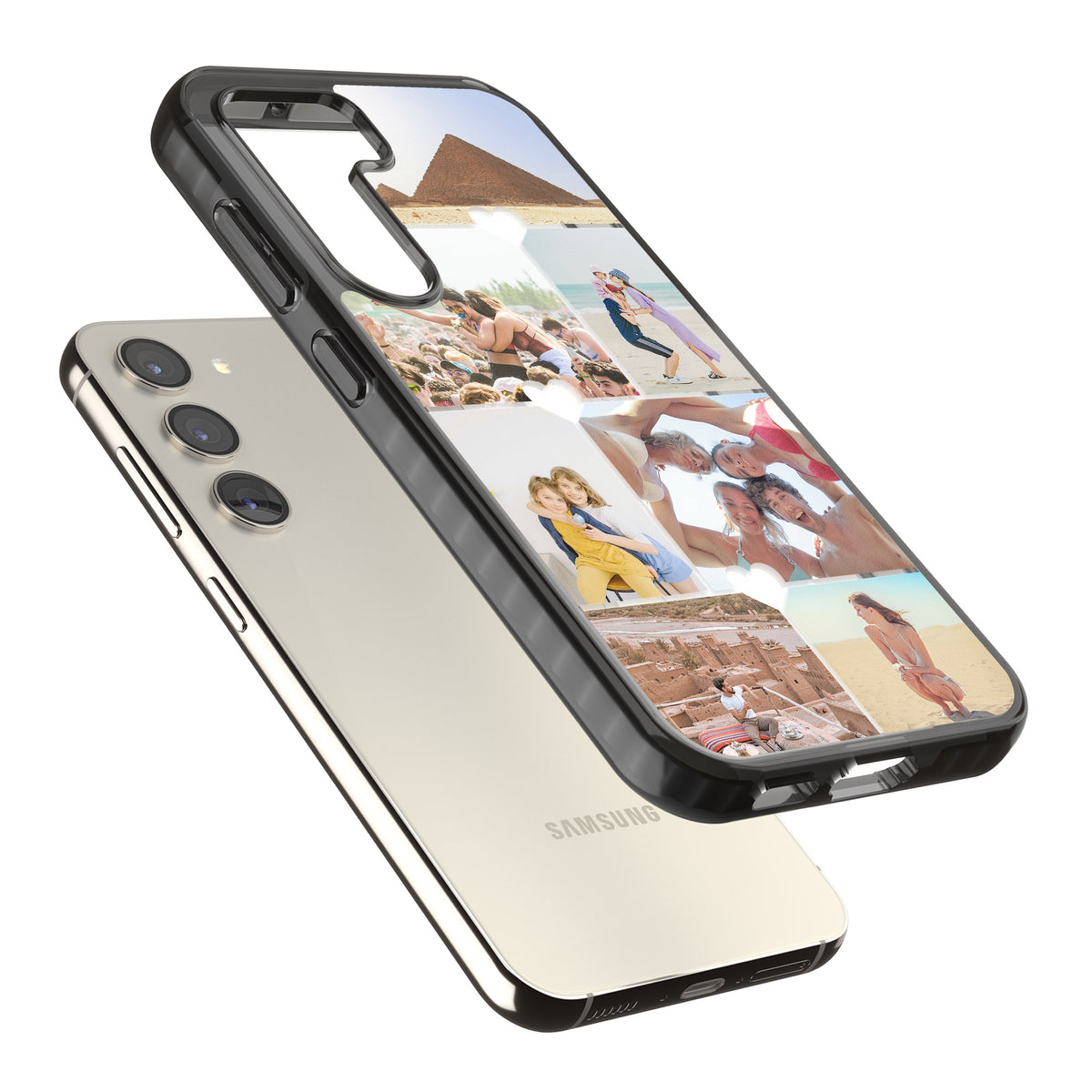 Personalised Heart Photo Grid Samsung S22 / Samsung S22 Plus / Samsung S23 / Samsung S23 Plus / Samsung S24 / Samsung S24 Plus Impact Black Phone Case angled