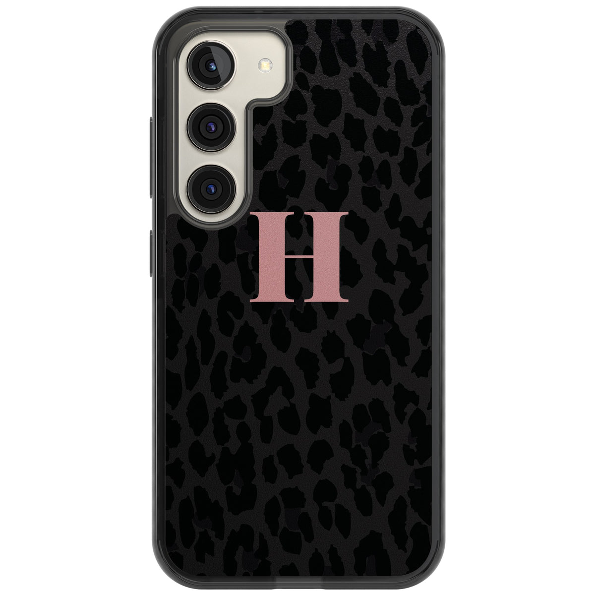 Personalised Leopard Pink Monogram Samsung S22 / Samsung S22 Plus / Samsung S23 / Samsung S23 Plus / Samsung S24 / Samsung S24 Plus Impact Black Phone Case front